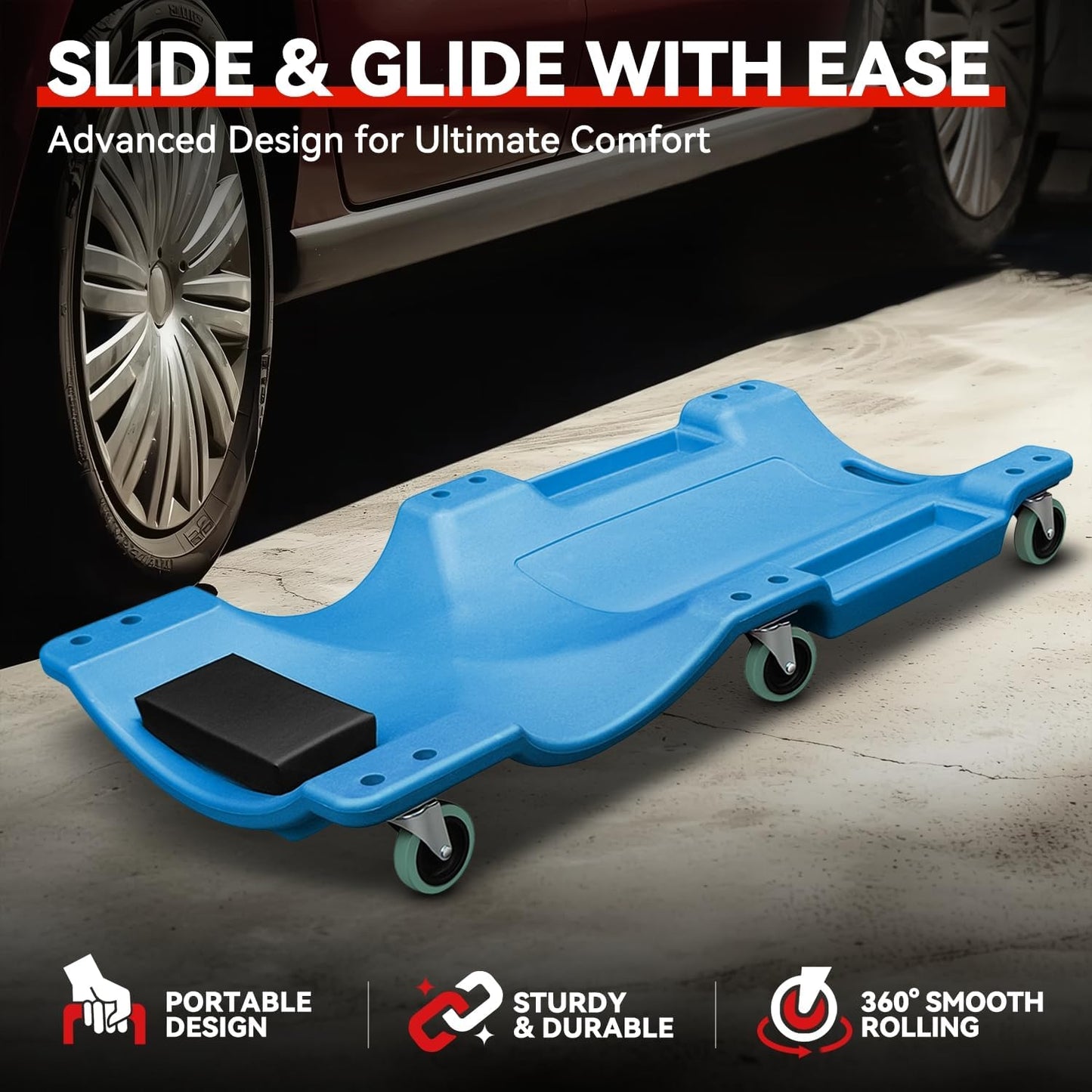 Auto Dynasty 40 Inches Mechanic Creeper, Automotive Garage Repair Low Profile Under Car Rolling Creeper with Padded Headrest, Plastic, Blue