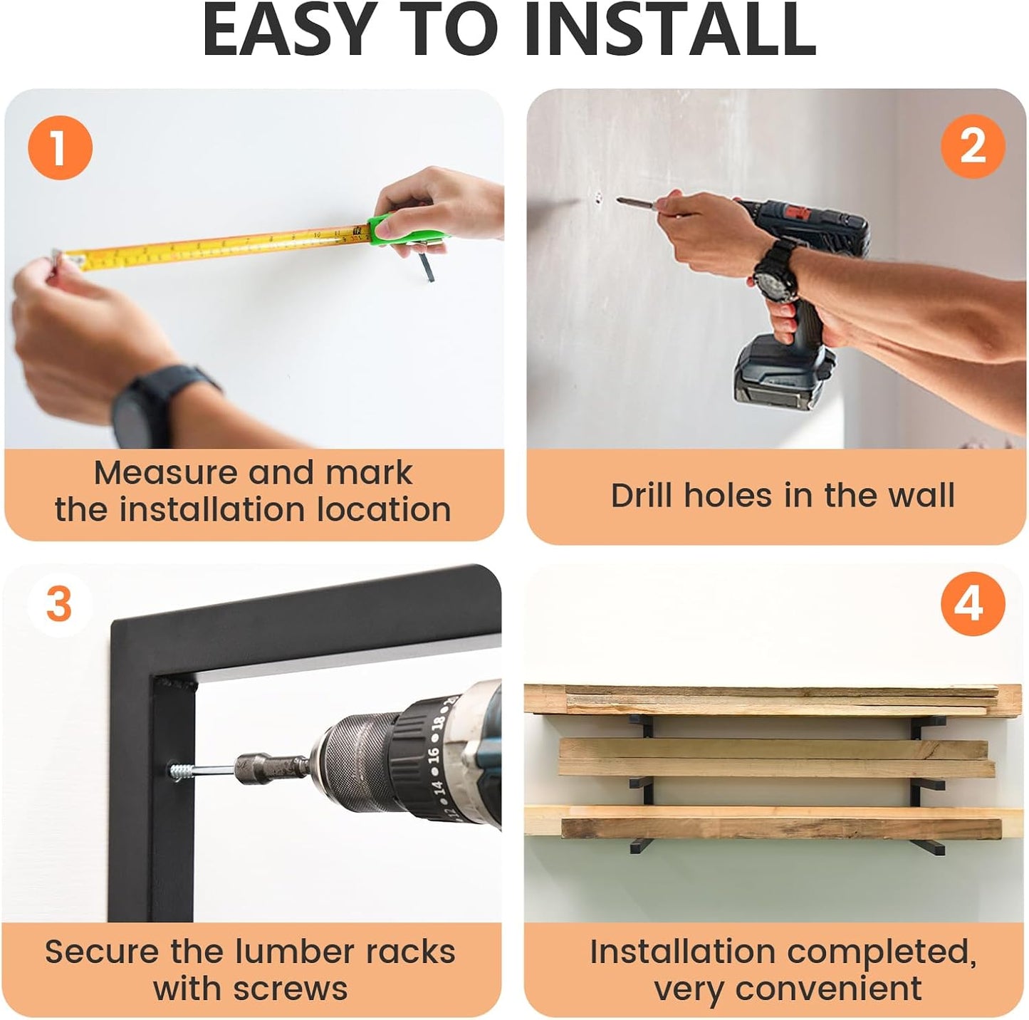 4 Pack Wood Organizer and Lumber Storage Rack Wall Mount, Heavy Duty Wood Storage Organizer Racks with 3-Level System for Garage, Workshop, Basement, Holds Up 220 LBS Per Level (Black)