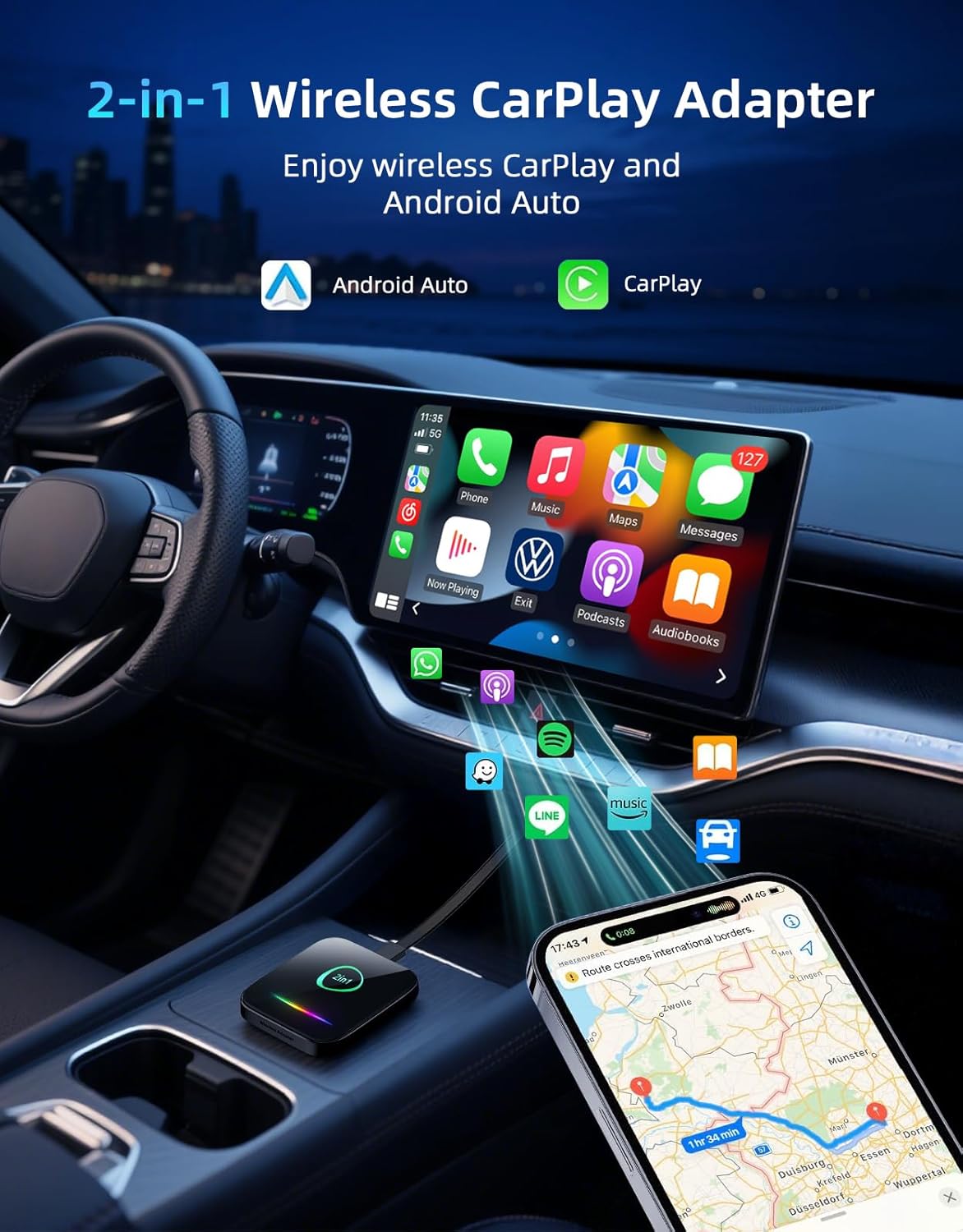 Wireless CarPlay Adapter for Apple iPhone & Android Auto, Plug & Play Dongle with Fast Connection, No Delay, Wide Compatibility for Cars 2016+