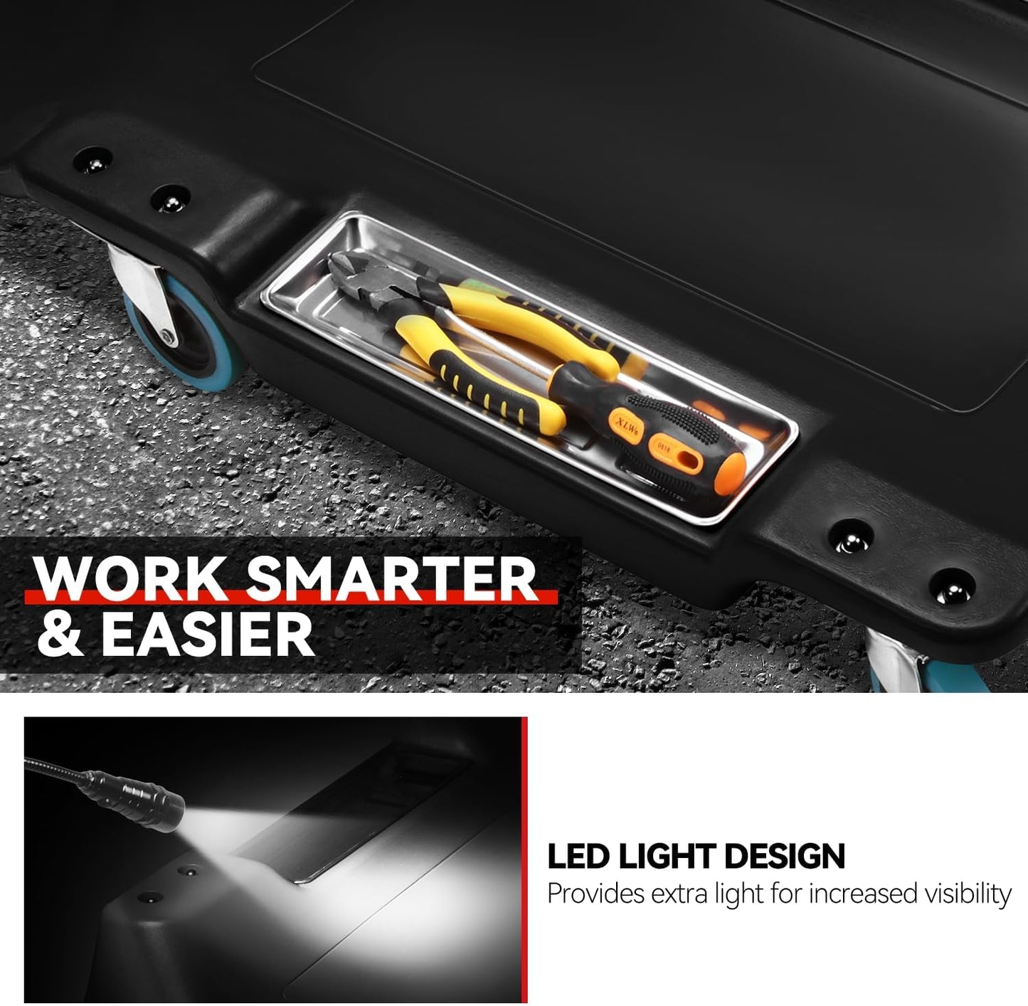 Auto Dynasty 40 Inches Mechanic Creeper, Automotive Garage Repair Low Profile Under Car Rolling Creeper with LED Light and Padded Headrest, Plastic, Black