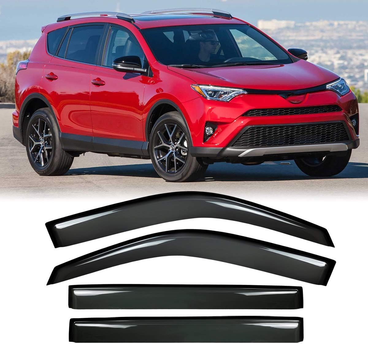 4pcs Outside Mount Style Window Rain Guards Durable Side Wind Deflectors Dark Smoke Vent Nice Window Visors Compatible with Toyota 2013-2018 RAV4