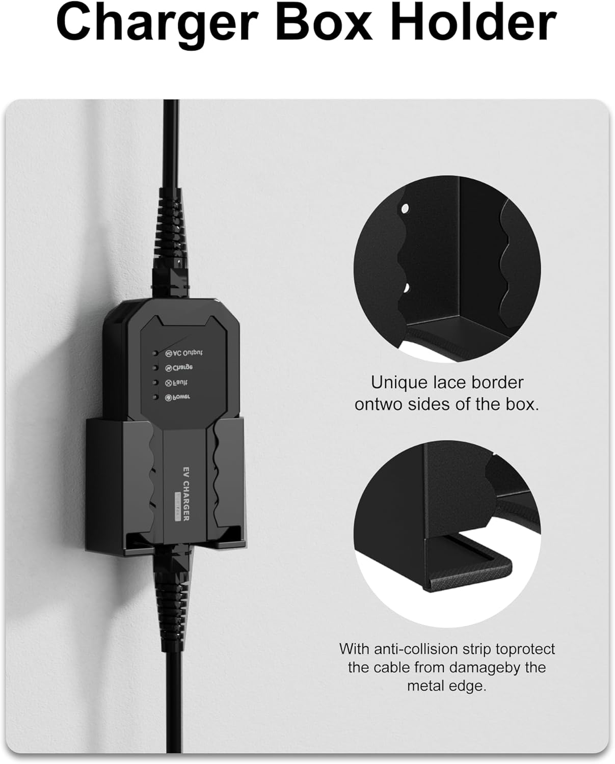 EV Charger Holder Wall Mount Kit, Ev Charging Cable Holder, EV Cable Box Organizer&J-Hook Electric Car Plug Nozzle Holster for SAE J1772 Connector(Indoor/Outdoor Use)