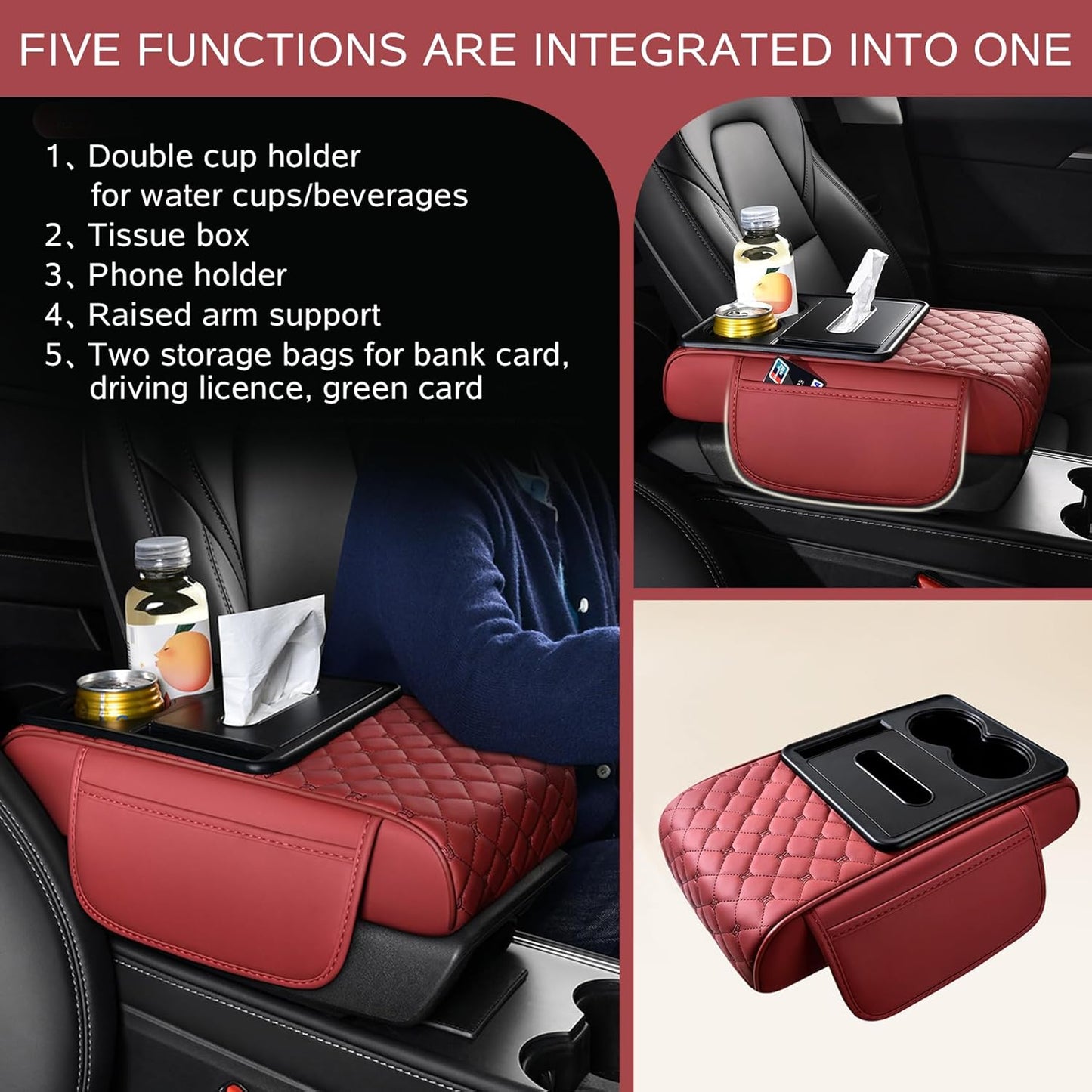5 in 1 Car Armrest Storage Box for Center Console, Armrest Cushion Cover for Car with 2 Cup Holders Storage Bags, Tissue Box, Phone Slot, Premium Memory Foam with Nappa Leather, 14.2*7.9*2.8in, Orange
