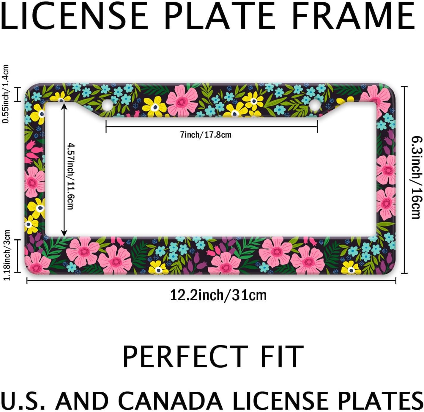 Floral License Plate Frame, Flowers License Plate Holder Covers, Metal Aluminum Rustproof Car Accessories for Us Canada Standard Women Men 2 Holes with Screw Caps
