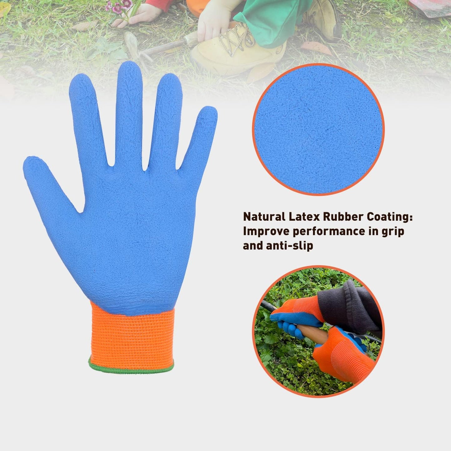 HANDLANDY 3 Pairs Kids Gardening Gloves Latex Free, Nitrile Coated Children Toddler Garden Yard Work Gloves for Little Girls Boys (Size M, Black-Orange)