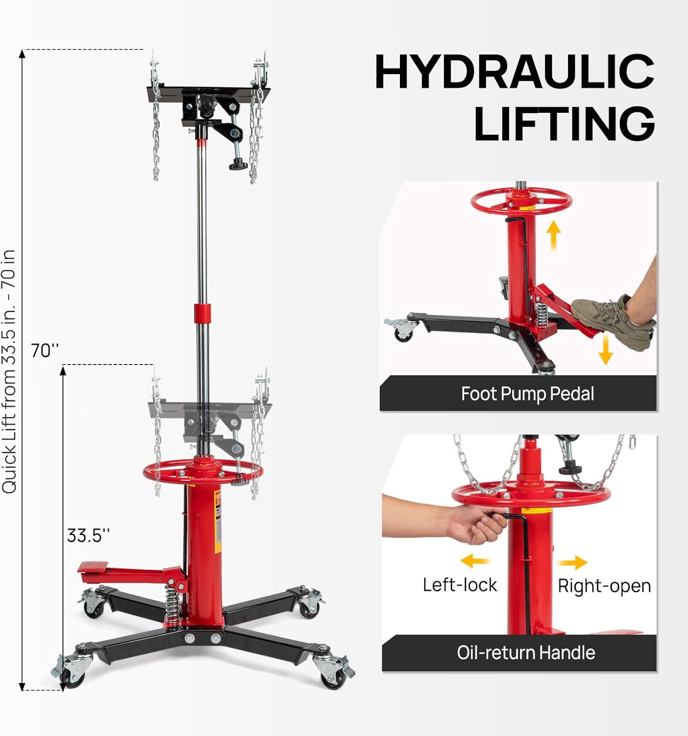 TUFFIOM Transmission Jack, 1660 lbs 3/4-Ton Hydraulic 2-Stage High Lift Vertical Telescoping Floor Jack Stand, 34" to 68" Lifting Range, w/Pedal, 360° Swivel Wheels, Garage/Shop Lift Hoist, Red