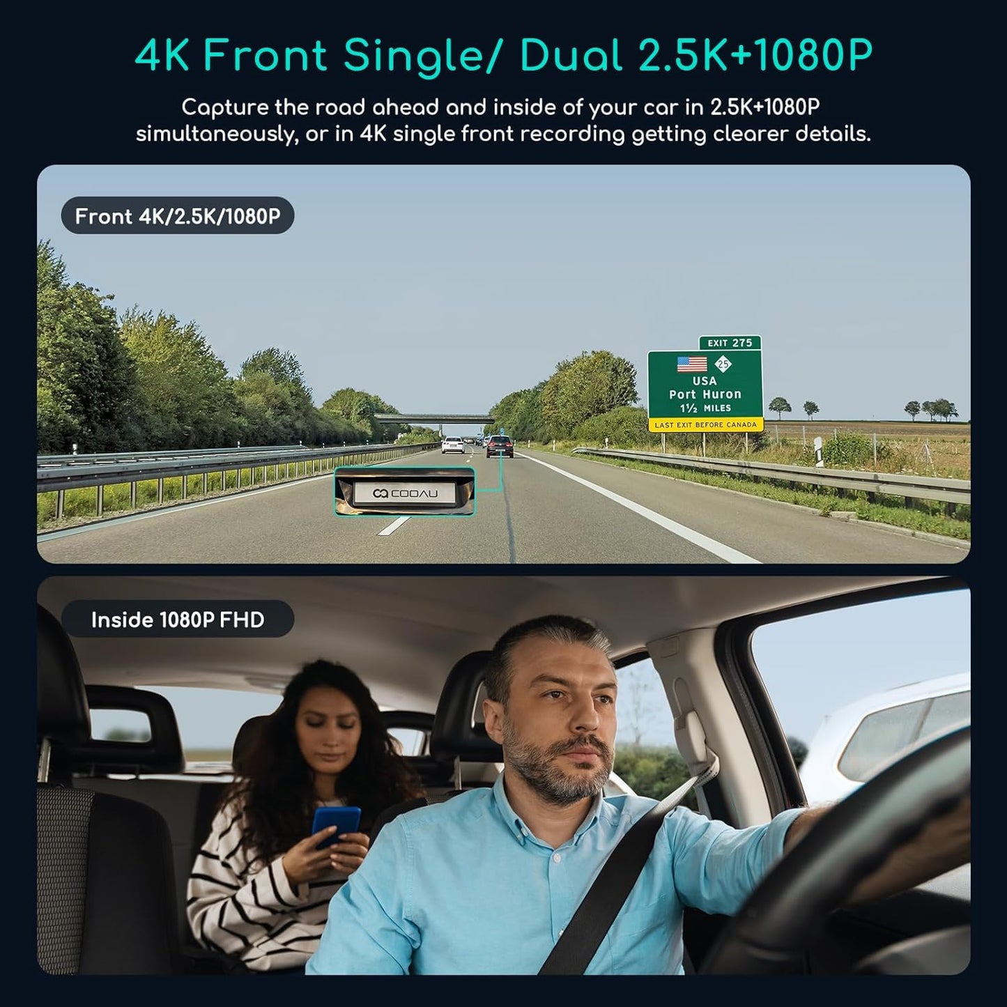 COOAU D30S 4K Dash Cam with GPS Wi-Fi, Front and Inside Dual 2.5K 1080P, Uber Car Camera with Infrared Night Vision, Supercapacitor, 4 IR LEDs, G-Sensor, Parking Mode, Loop Recording