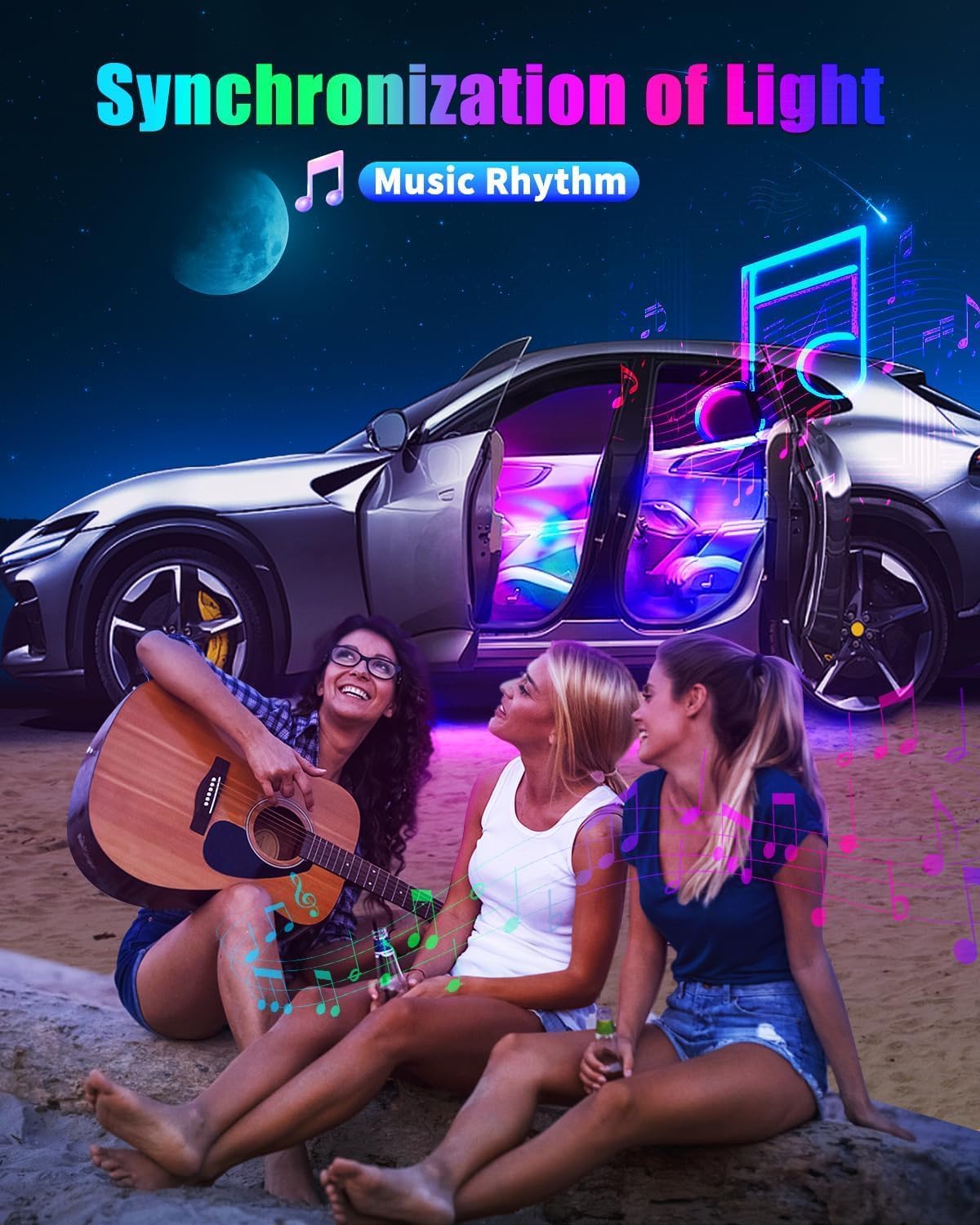 72LED USB Interior Strip Lights Dream Color RGB-IC 12V DC with App RF Remote Control Multicolor Footwell Under Dash Chasing Inside Light Kits Music Sync Mode for Cars Truck ATV UTV with Car Charger