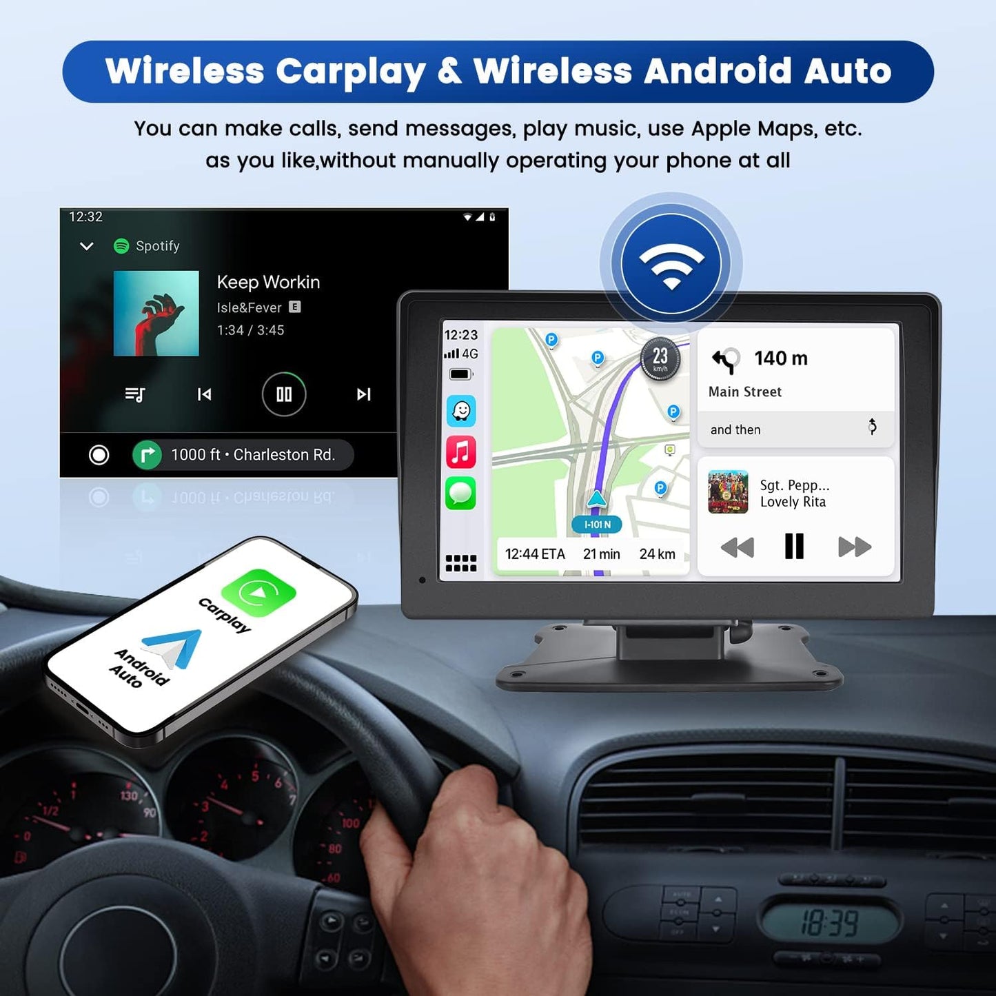 Portable Carplay Screen for Car, 7" Wireless Carplay & Android Auto with Bluetooth, GPS Navigation, Siri, FM, AUX, Mirror Link for All Vehicles