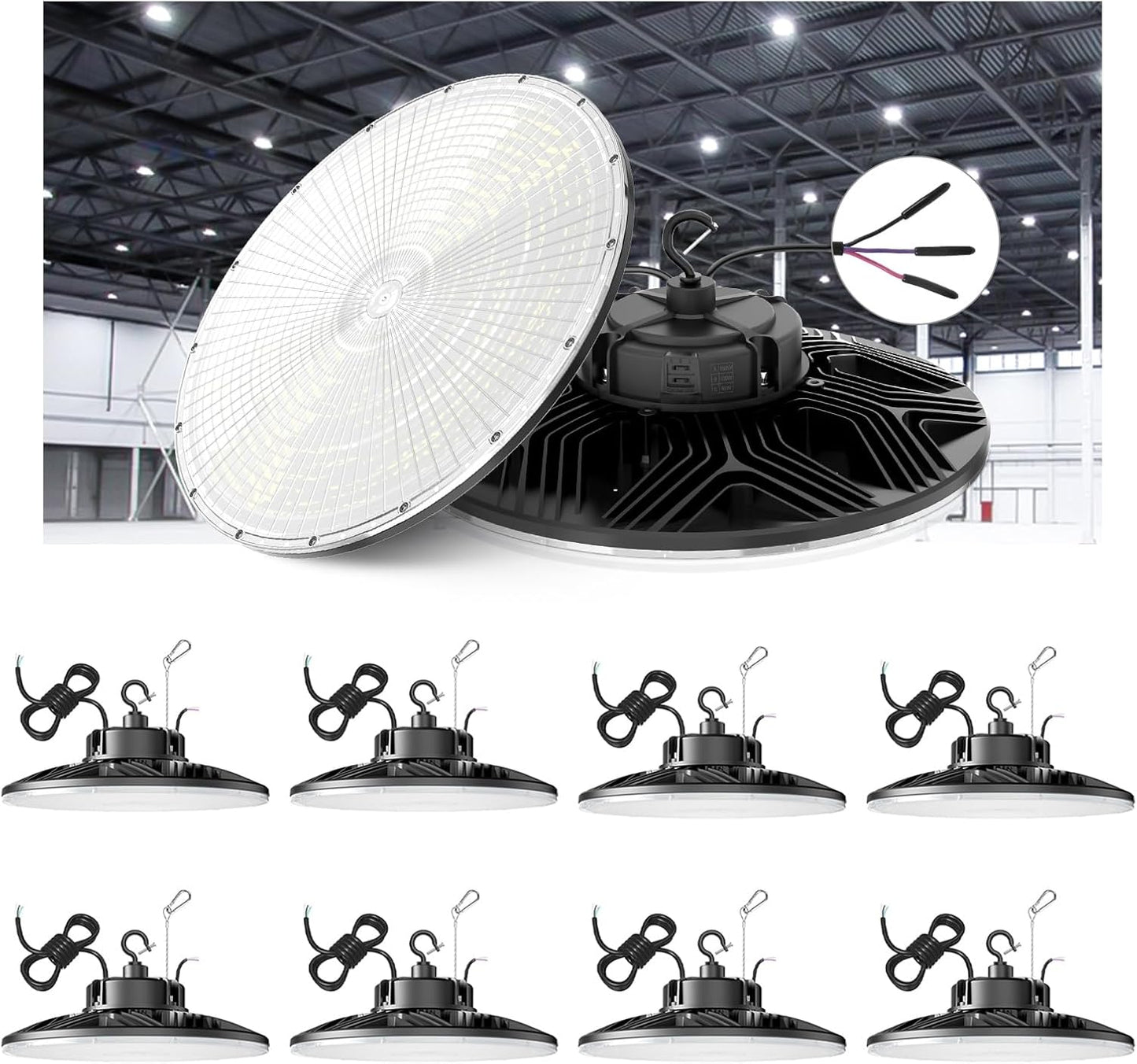 300W UFO-LED-High-Bay-Light, UL & DLC Listed 5000K Daylight 43500LM, 0-10V Dimmable LED High Bay Lights AC100-277V, IP65 Waterproof Commercial Bay Lighting Fixture for Warehouse Workshop(9 Pack)