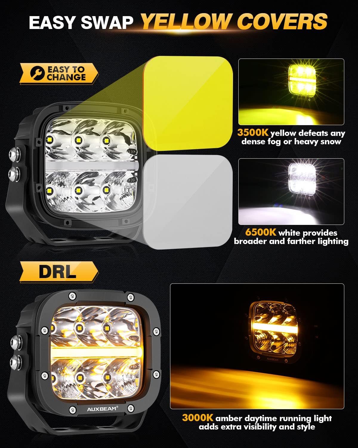 Auxbeam XP-Ultra Series 5 Inch Cube Offroad Lights, Amber DRL Function, Amber White Light Covers, 132W 15600LM Spot Flood Combo, LED Pod Light Bar Off-Road Fog Lights, Pair