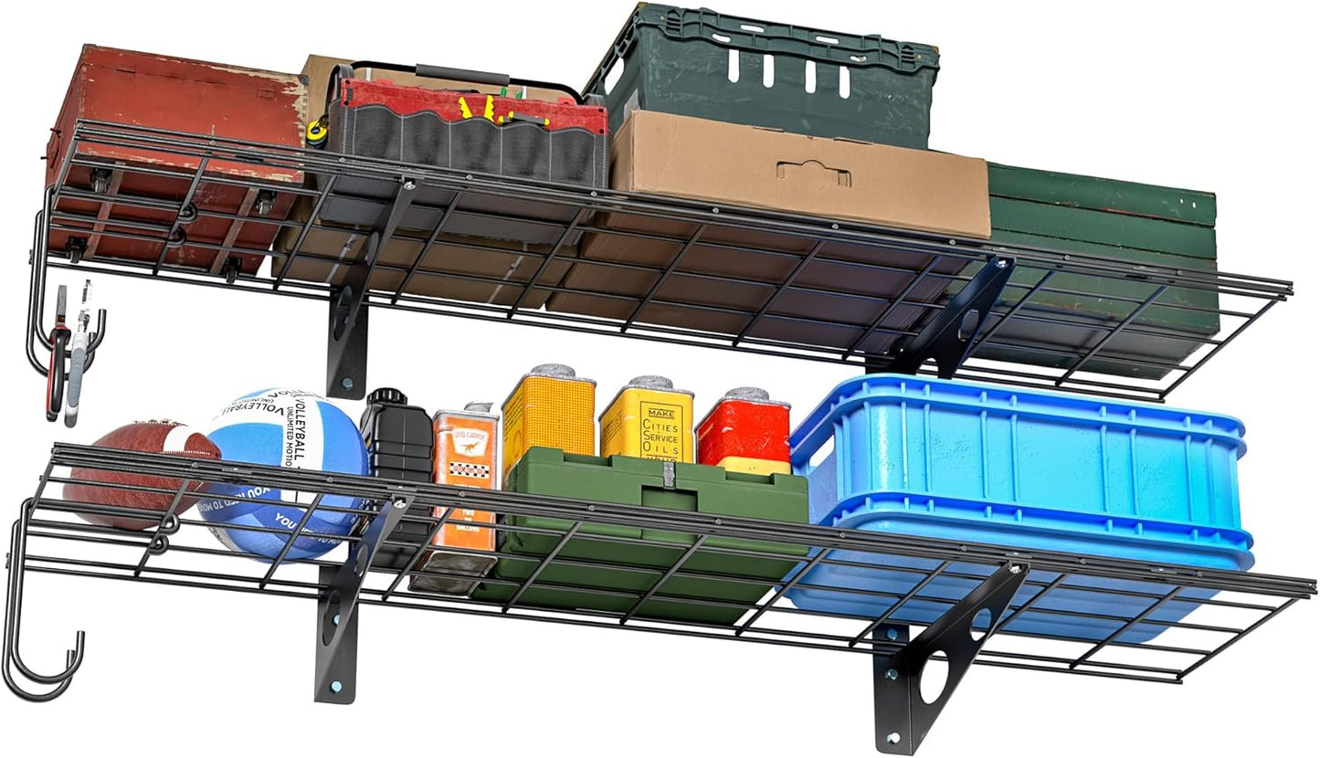 EVERHANGER Garage Wall Shelves, 12 X 48 Inch Wall Mounted Storage Shelves, Heavy Duty Metal Shelving with Hooks, 2 Pack, Black