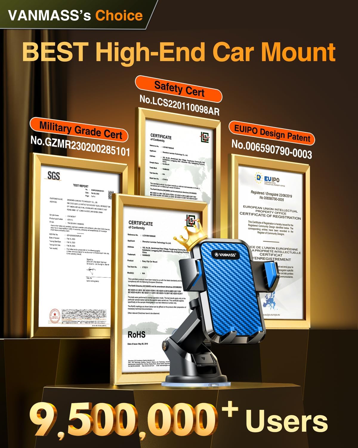 VANMASS Universal Car Phone Mount,【Patent & Safety Certs】 Upgraded Handsfree Stand, Phone Holder for Car Dashboard Windshield Vent, Compatible iPhone 13 12 11 Pro Max Xs XR X 8, Galaxy (Blue)