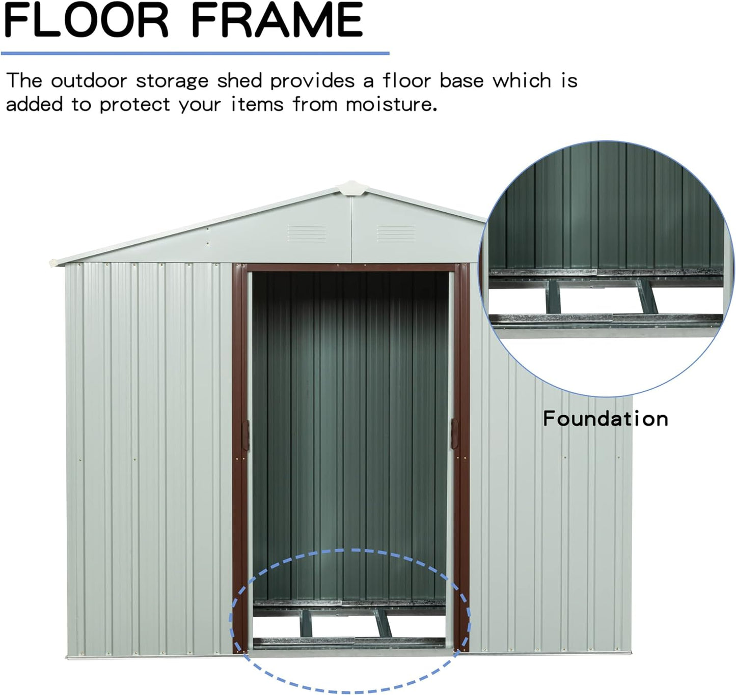 4x8 FT Outdoor Storage Shed, Metal Garden Shed with Frame Floor, Outside Tool Shed with Lockable Sliding Doors, Waterproof Storage Building with Sloped Roof for Backyard, Patio, Lawn, White