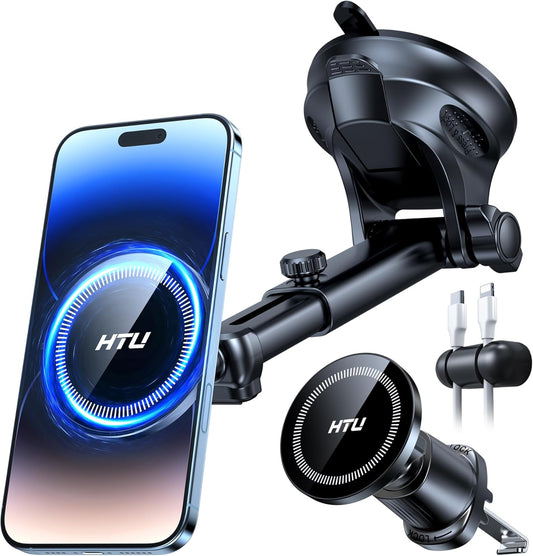 HTU for MagSafe Car Phone Mount Magnetic Phone Holder for Windshield Vent Dashboard Magnetic Suction Phone Mount for iPhone 16/15/14/13/12 & Android (Black)