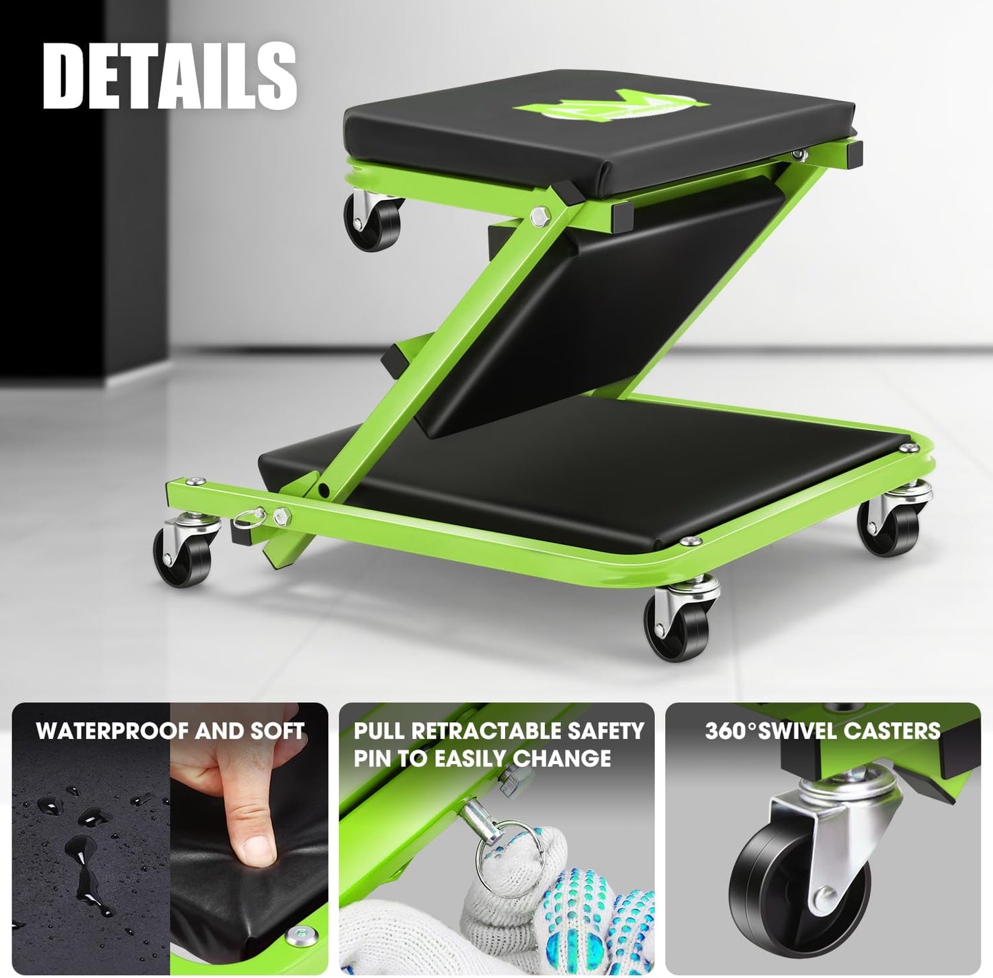 PM PERFORMOTOR 36 Inches Folding 2 in 1 Rolling Z Creeper, Adjustable Roller Garage Chair Lay Down or Sit, 6 Pcs 2" Casters, 150kg Weight Capacity, Green,PM-TOL-CPS36-GR