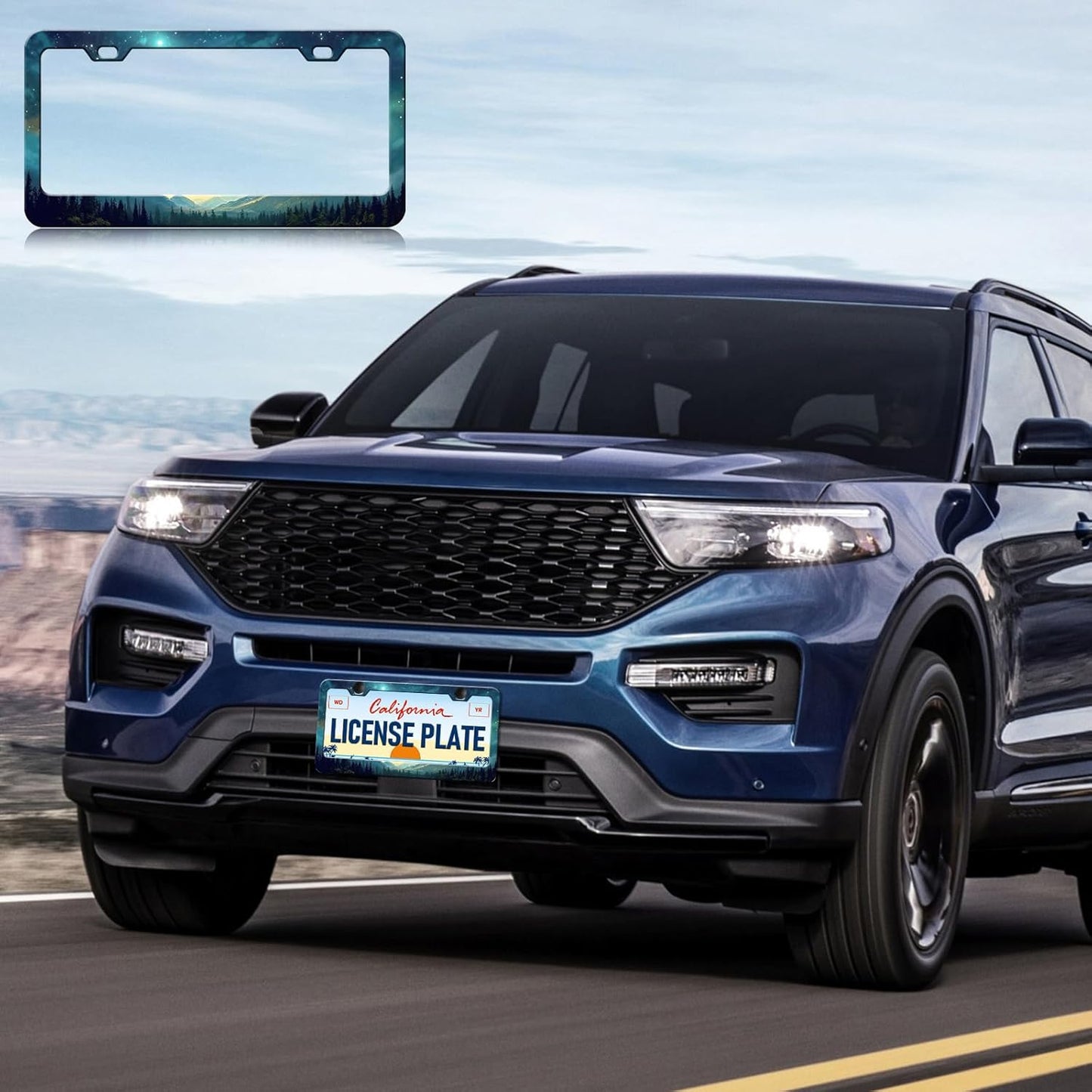 Starry Sky Mountain License Plate Frames - 2 Pack Green Mountain Forest Stainless Steel License Plate Holder,Rust-Proof Waterproof Car Decorative Tag Frame with Screws Fasteners Caps