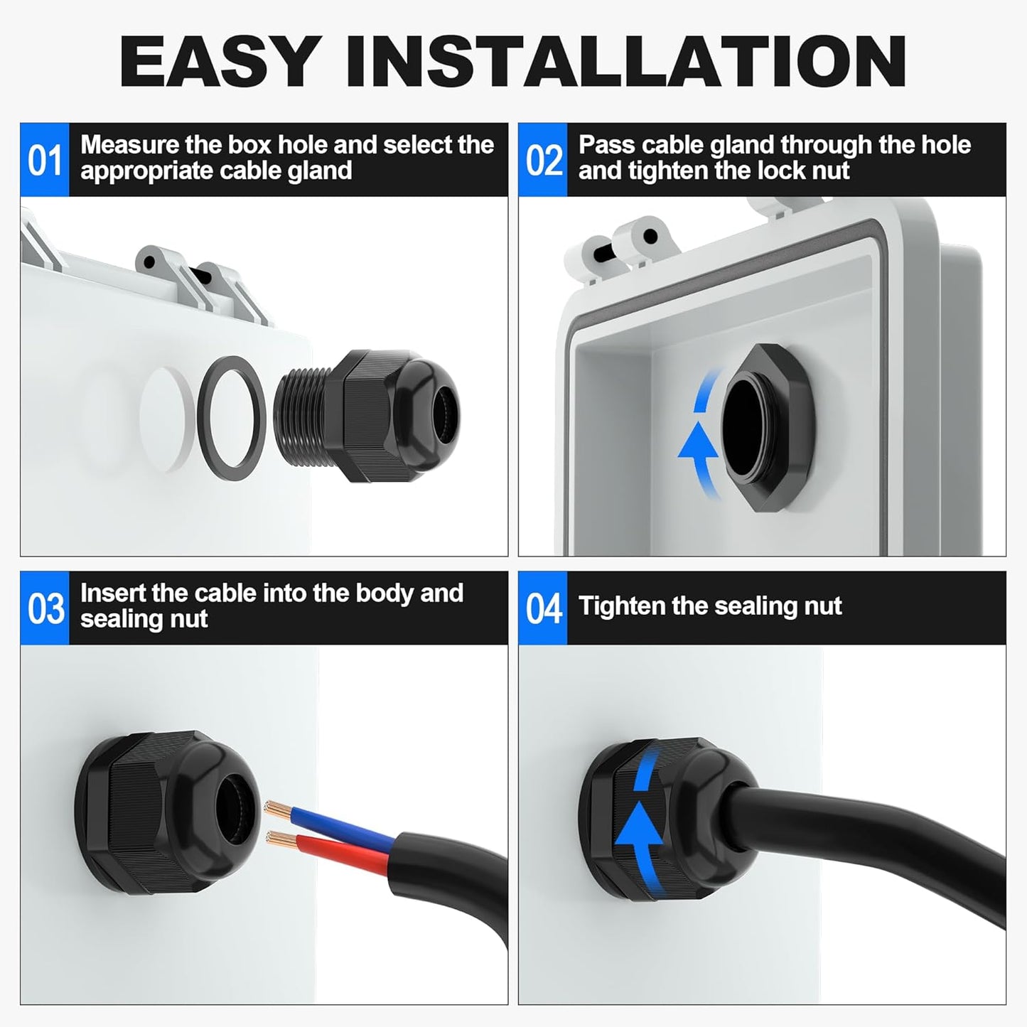 Joinfworld 72pcs Cable Glands Kit Waterproof Strain Relief Cord Connector Grip Weatherproof Cable Pass Through PG7 1/4" 1/2" 3/4" 1" NPT Wire Grommet