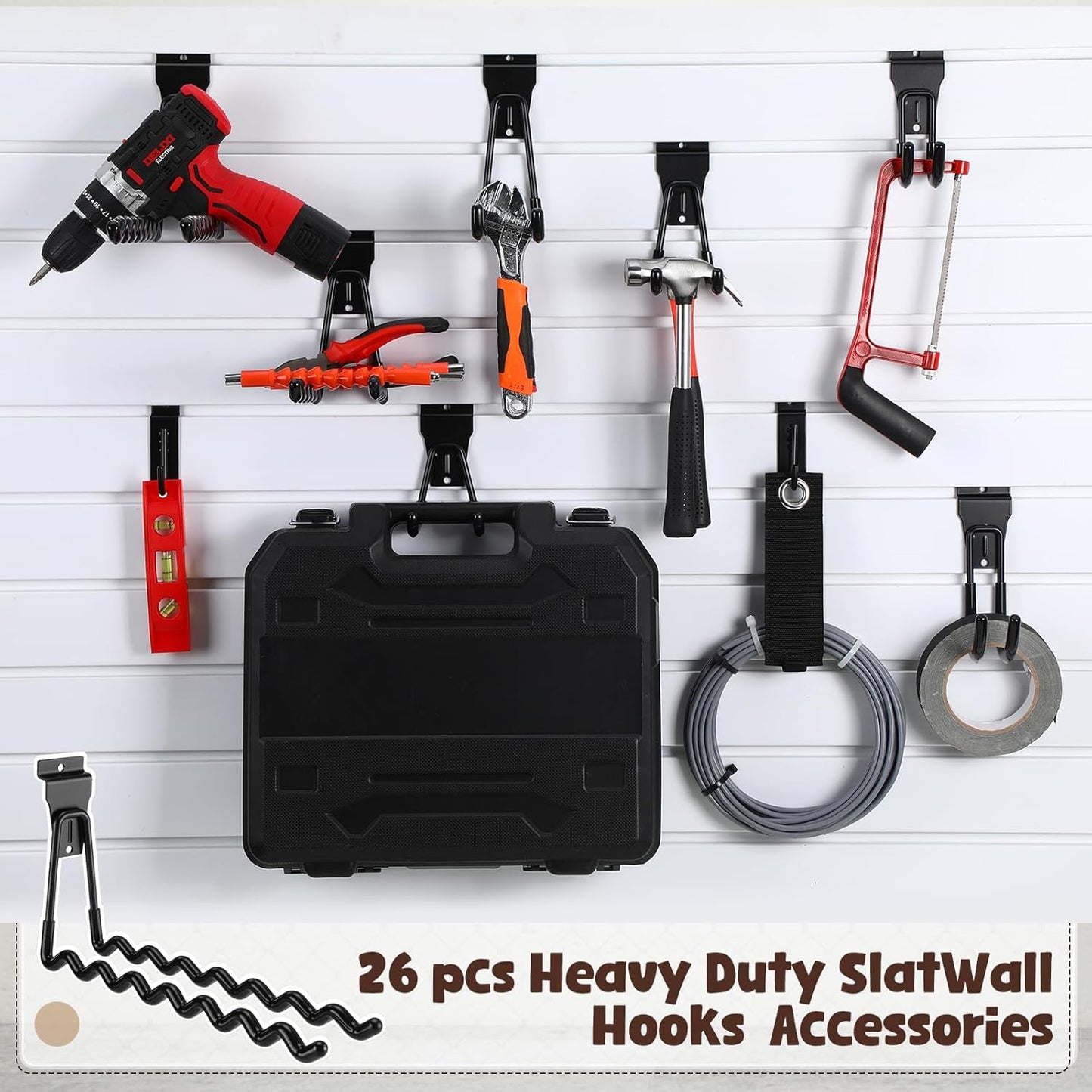 Landhoow 26 Pack Slatwall Accessories, 24 Pcs Multi Size Heavy Duty Slat Wall Hanging Hooks & Hangers with 2 Pcs Storage Straps for Storage Garage Wall Organization Garden Home Slatwall Paneling