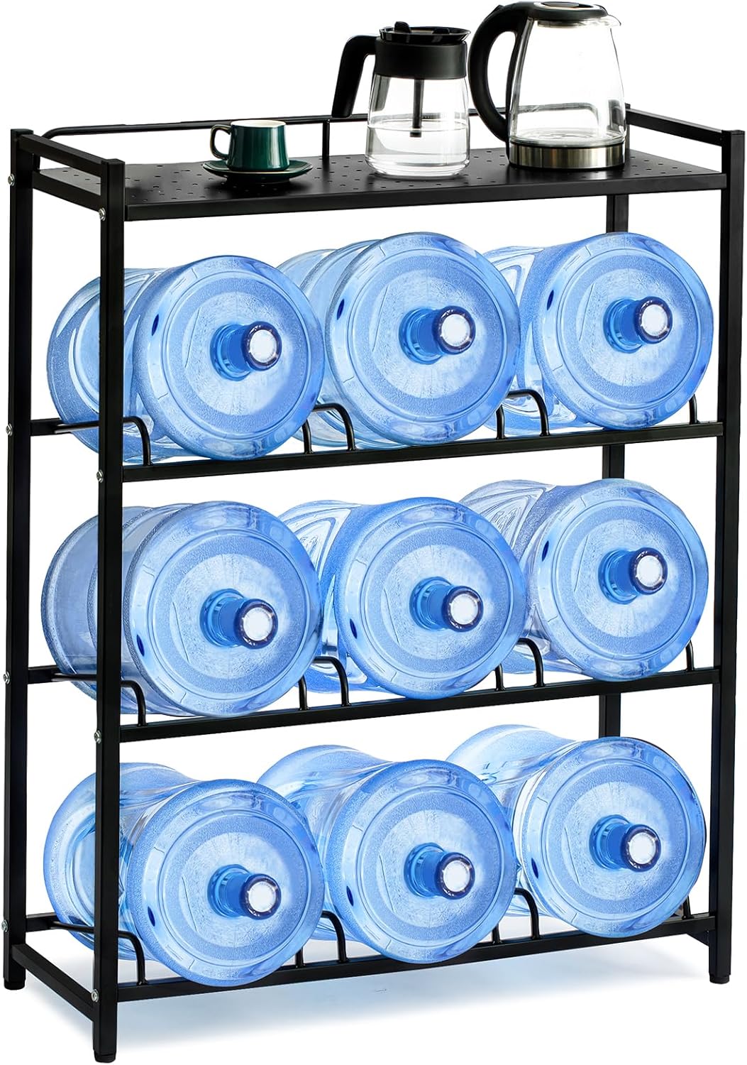 5 Gallon Water Bottle Holder 9-Tray 3/5 Gallon Water Jug Rack with Top Shelf Heavy Duty 5 Gallon Water Jug Stand for Kitchen, Office, Garage, Black
