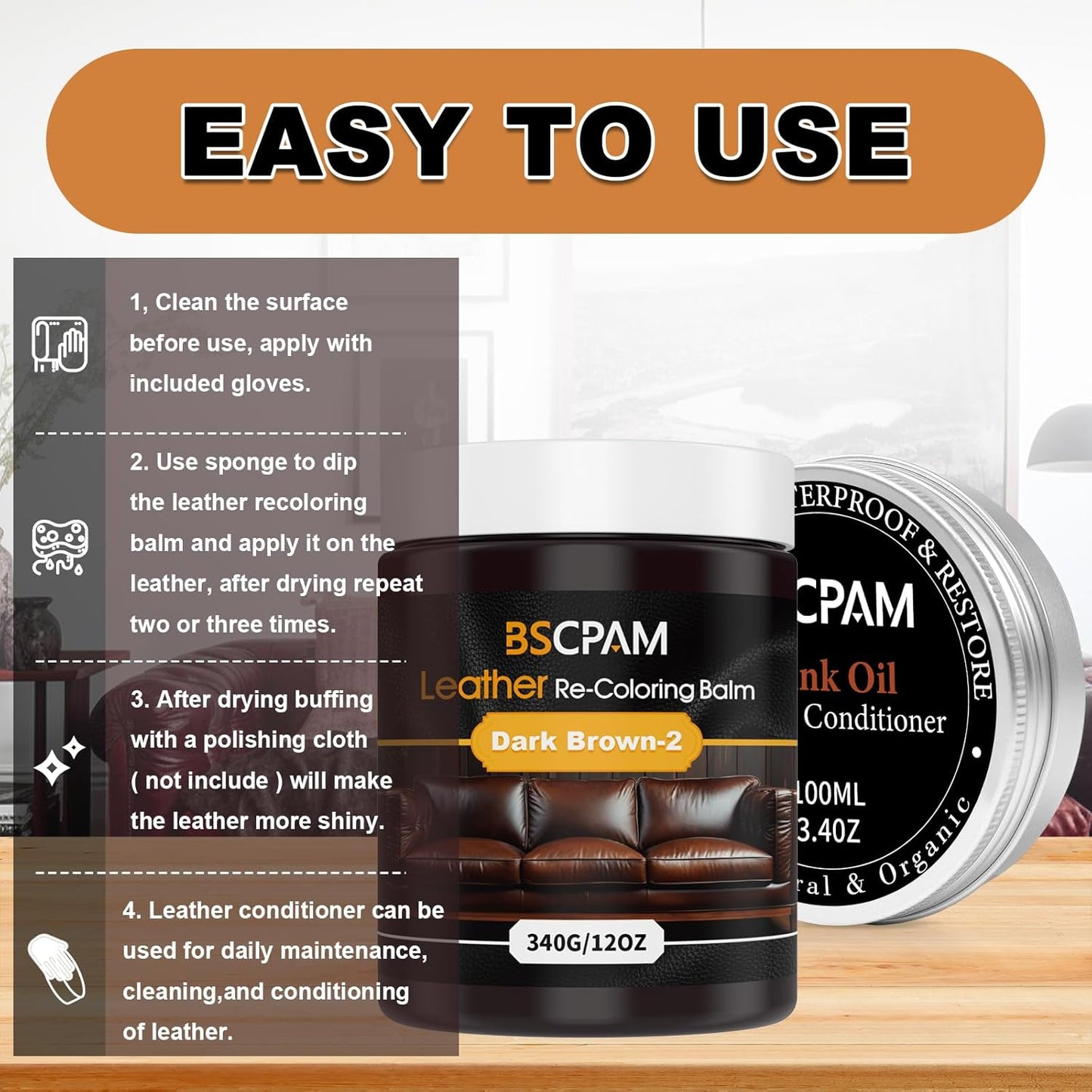 12oz Leather Recoloring Balm & 3.4oz Mink Oil Leather Conditioner kit,Dark Brown Leather Color Repair Kits for Couches, Leather Couch Paint Scratch Repair for Furniture Car Sofa Shoes Leather Dye