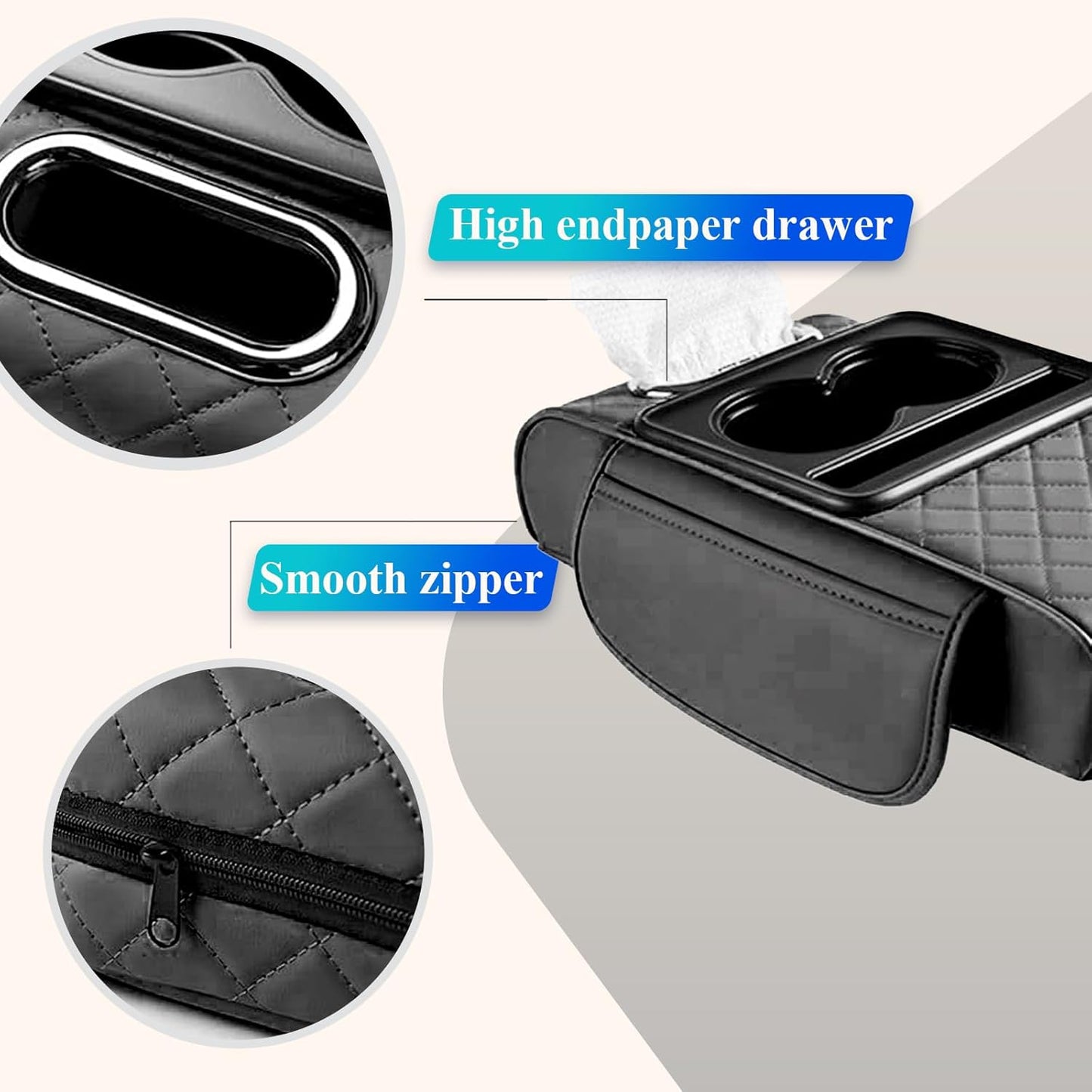 Car arm Rest Cover Pad, 5-in-1 Center Console Cover with Cup Holder, Tissue Box Slot, Mobile Phone Storage Slot, Suitable for Most Car Console Organizer, 13.8''x7.1''x3.0'', (Black)