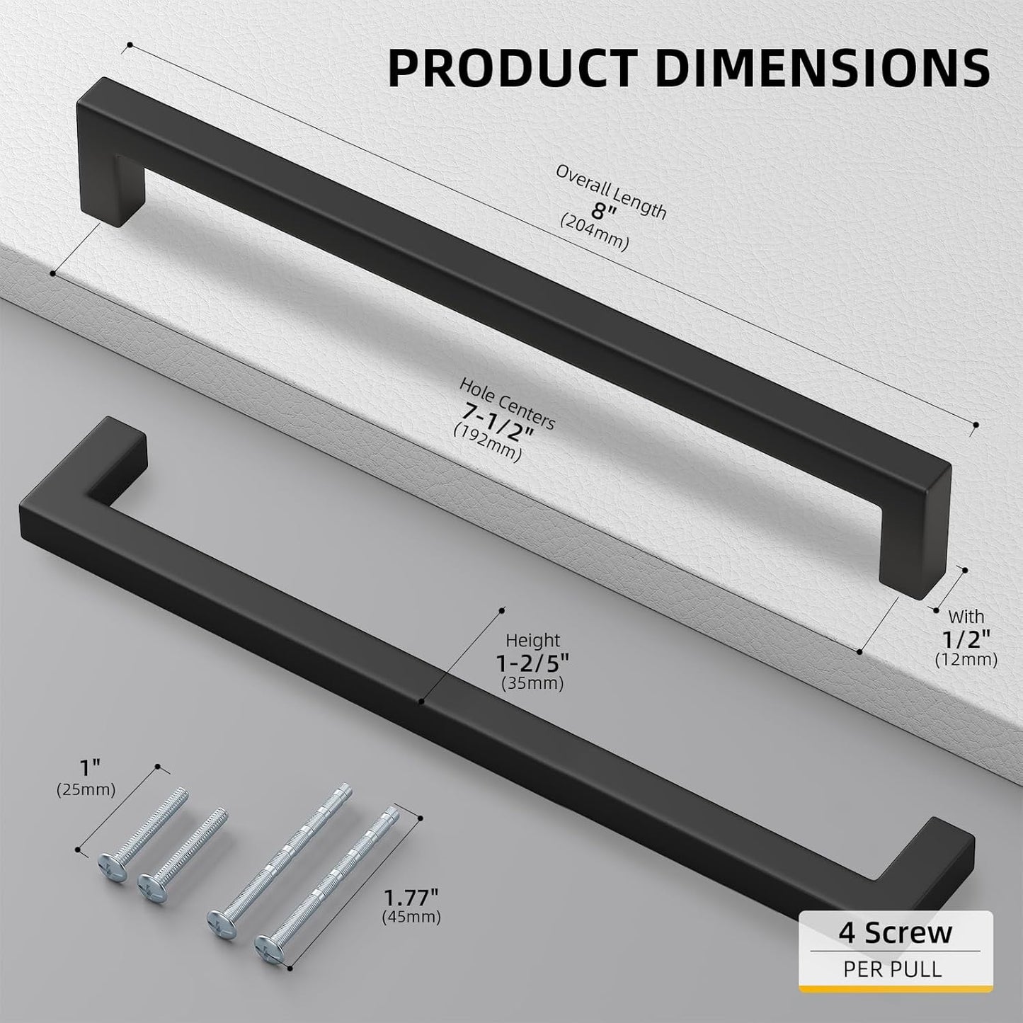 goldenwarm 50 Pack 7-1/2in Black Square Bar Cabinet Pull Drawer Handle Stainless Steel Modern Hardware for Kitchen and Bathroom Cabinets Cupboard,Center to Center 192mm Matte Black Drawer Pulls