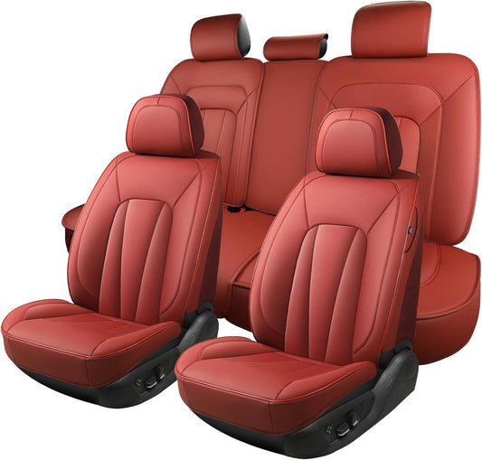 Car Seat Covers Full Set,Red Car Seat Covers,Leather Automotive Seat Covers,Breathable Waterproof Luxury Full Wrapping Edge Seat Covers Fit for Most Cars SUV and Sedans