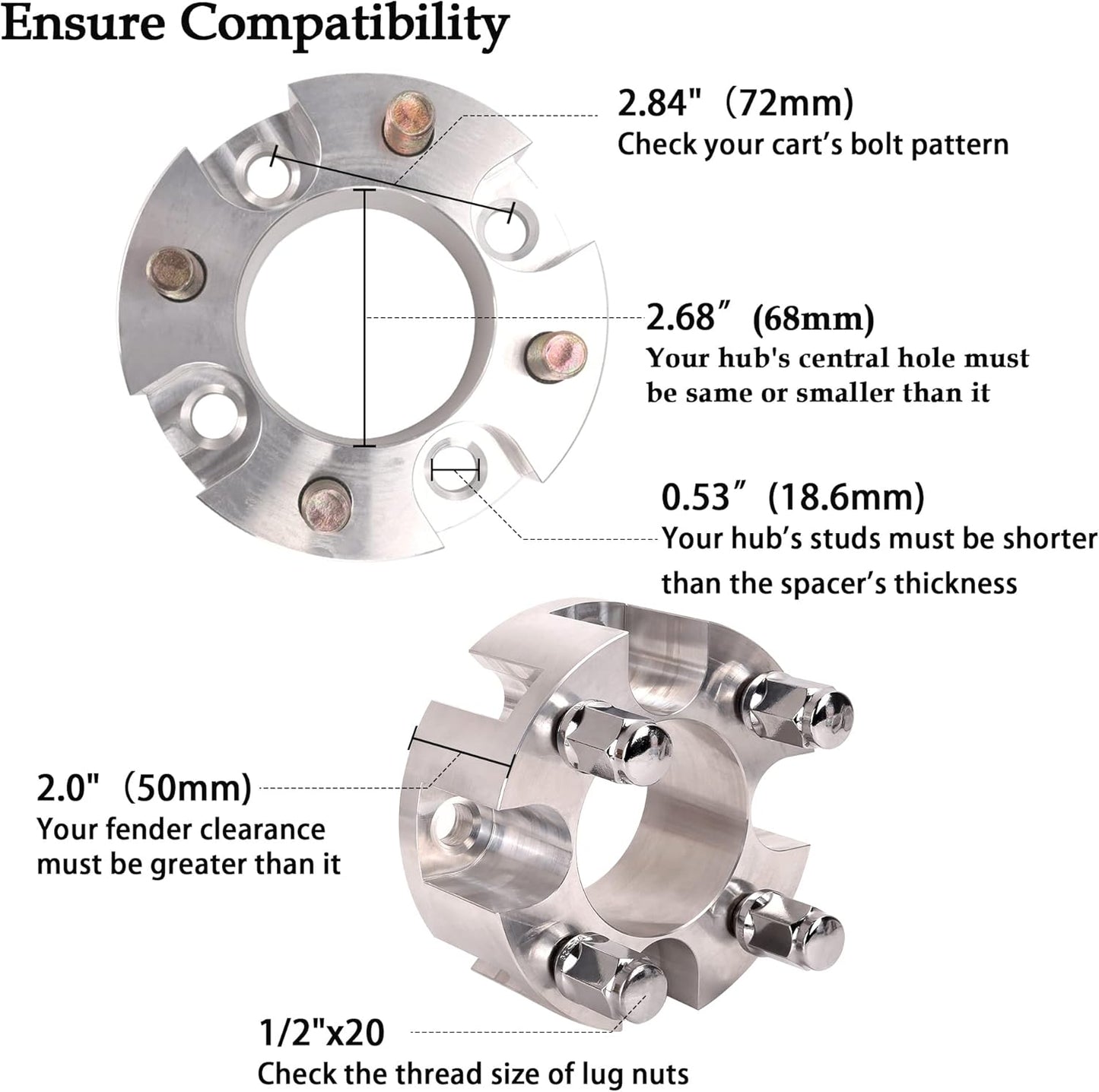 10L0L Golf Cart 2 inch Wheel Spacers for Yamaha, EZGO, Club Car (4x72mm Bolt Pattern, 68mm Hub Bore, 1/2-20 Studs) 4 Pack, Silver