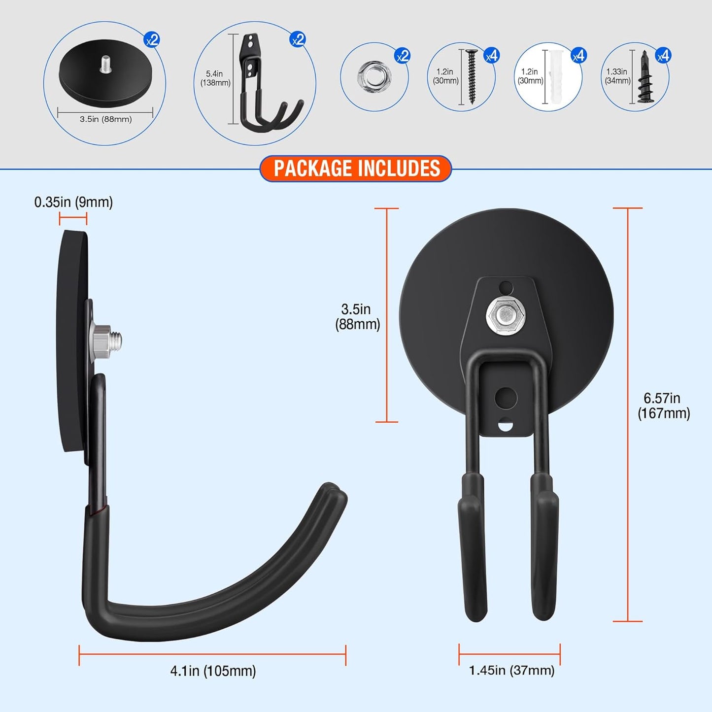 2 Pack Large Strong Magnetic Hooks for Hanging Heavy Duty, 3.5in Neodymium Magnet Storage Utility Hooks, Steel Long Magnetic Holder/Hanger Hook Organizer for Hanging Garage/Garden/Power Tools