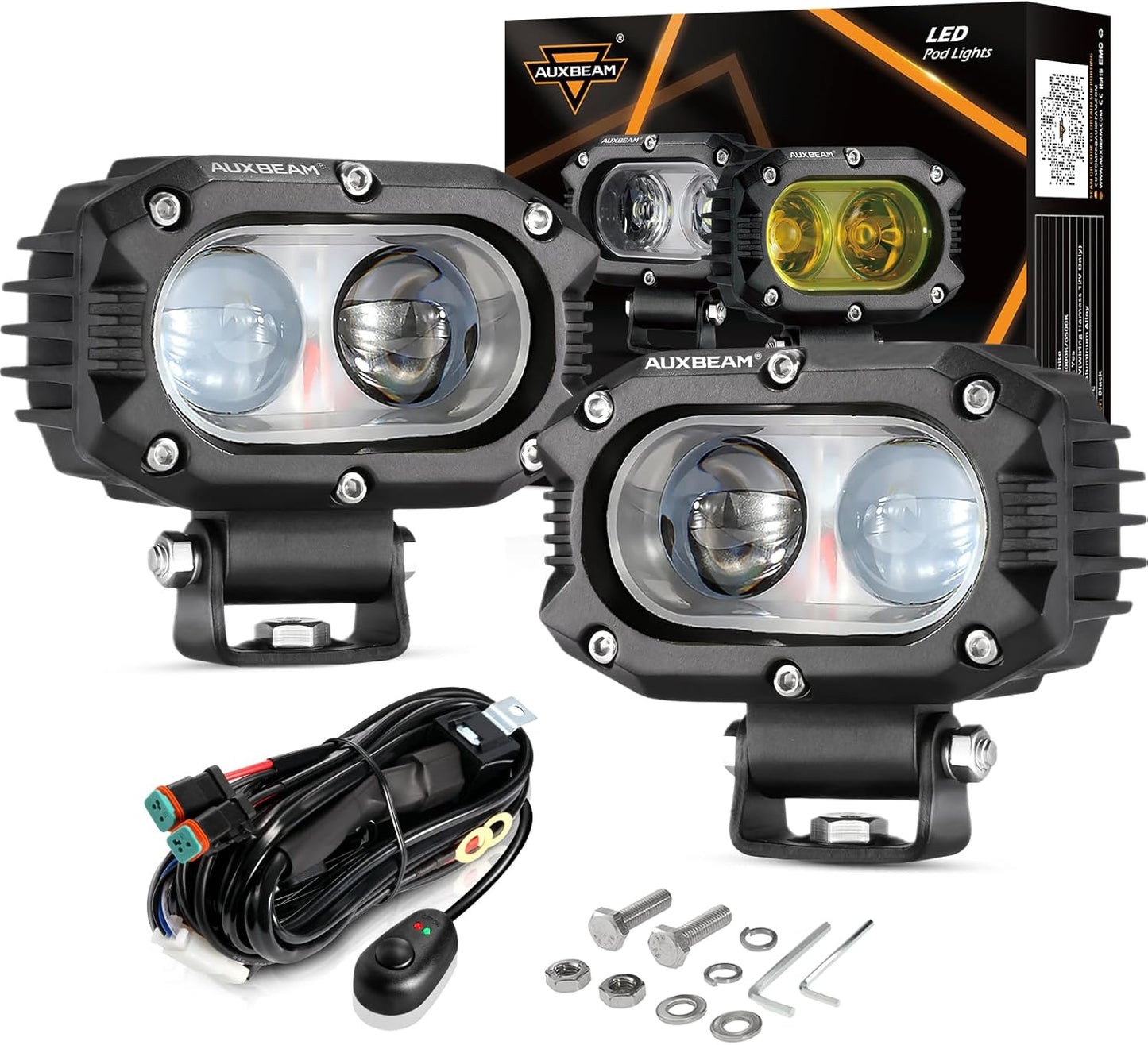 Auxbeam 4 Inch LED Square Pod Light, 60W White Spot Beam Driving Fog Light with DT Wiring Harness for Jeep Wrangler Truck Pickup SUV ATV UTV