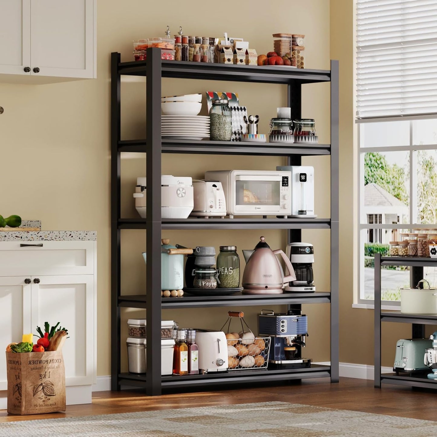 72H Metal Kitchen Storage Shelves, 2500 LBS Heavy Duty Garage Shelving Unit, 5-Tier Adjustable Pantry Shelves, Food and Beverage Storage Rack, Appliance Storage Utility Shelf for Balcony - Black