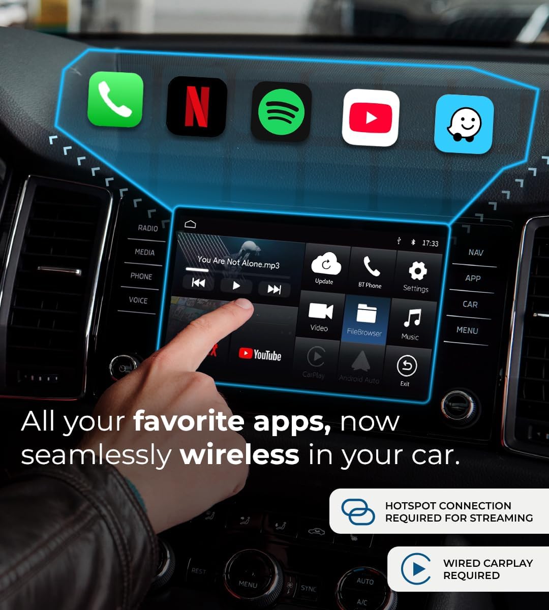 AutoSky Ai Box Lite Air - Streaming on the Go, Netflix and Youtube in your car. Convert Your Wired CarPlay into Wireless CarPlay or Android Auto. HotSpot Required for Streaming. Wired CarPlay Required