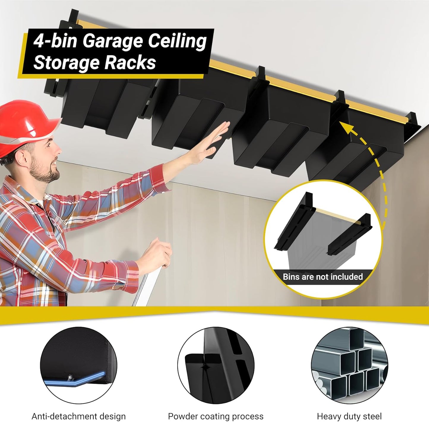 Overhead Garage Storage Rack 4-Bin, Heavy Duty Ceiling Racks w/ 400 LBS Load Capacity for Utility Bin, Powder Coated Tote Rack for Garages, Sheds, Storerooms,(5 PCS, for 4 Bins)