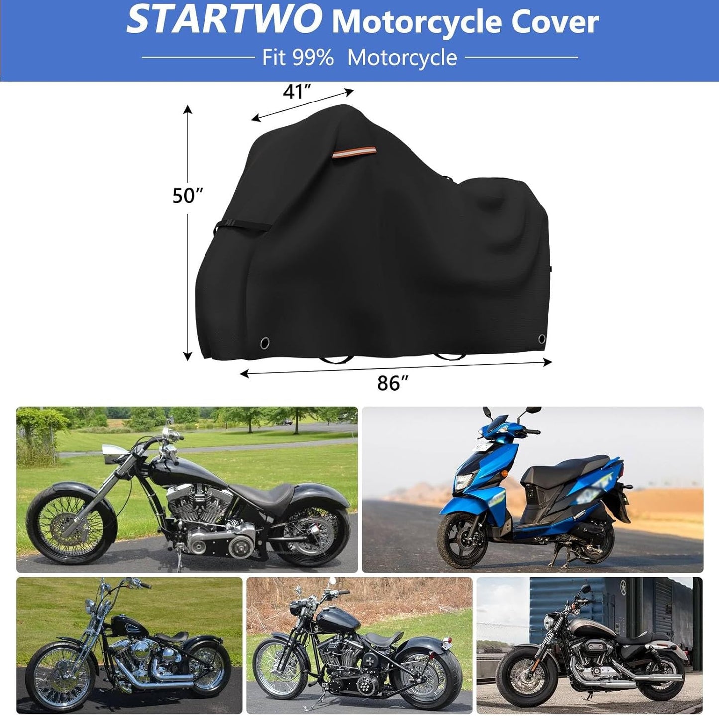 STARTWO Motorcycle Covers Waterproof Outdoor Storage Heavy Duty All Season Universal Vehicle Cover for Harley Davidson XTM 350, XTM 500, Nightster, Sportster and Most Motorcycles 86"x41"x50" Black