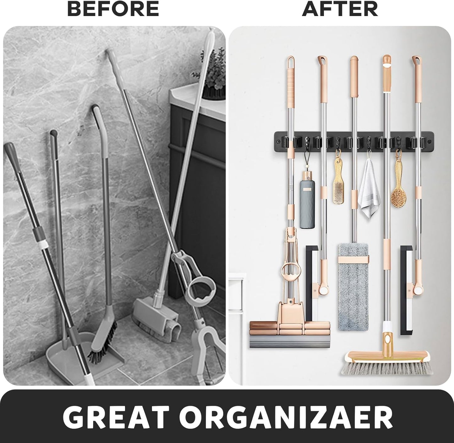 IMILLET Broom Holder Wall Mount, Wood Broom Holder with 5 Racks and 4 Hooks Broom Organizer, Laundry Room Organization and Storage, Mop Hanger for Home Organization, Garden, Garage, Closet (Black)