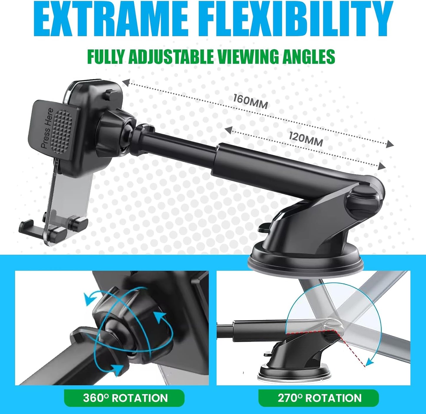 Car Phone Holder for Dashboard, Windshield, Air Vent - Universal Mount, Heavy Duty, Compatible with All Smartphones