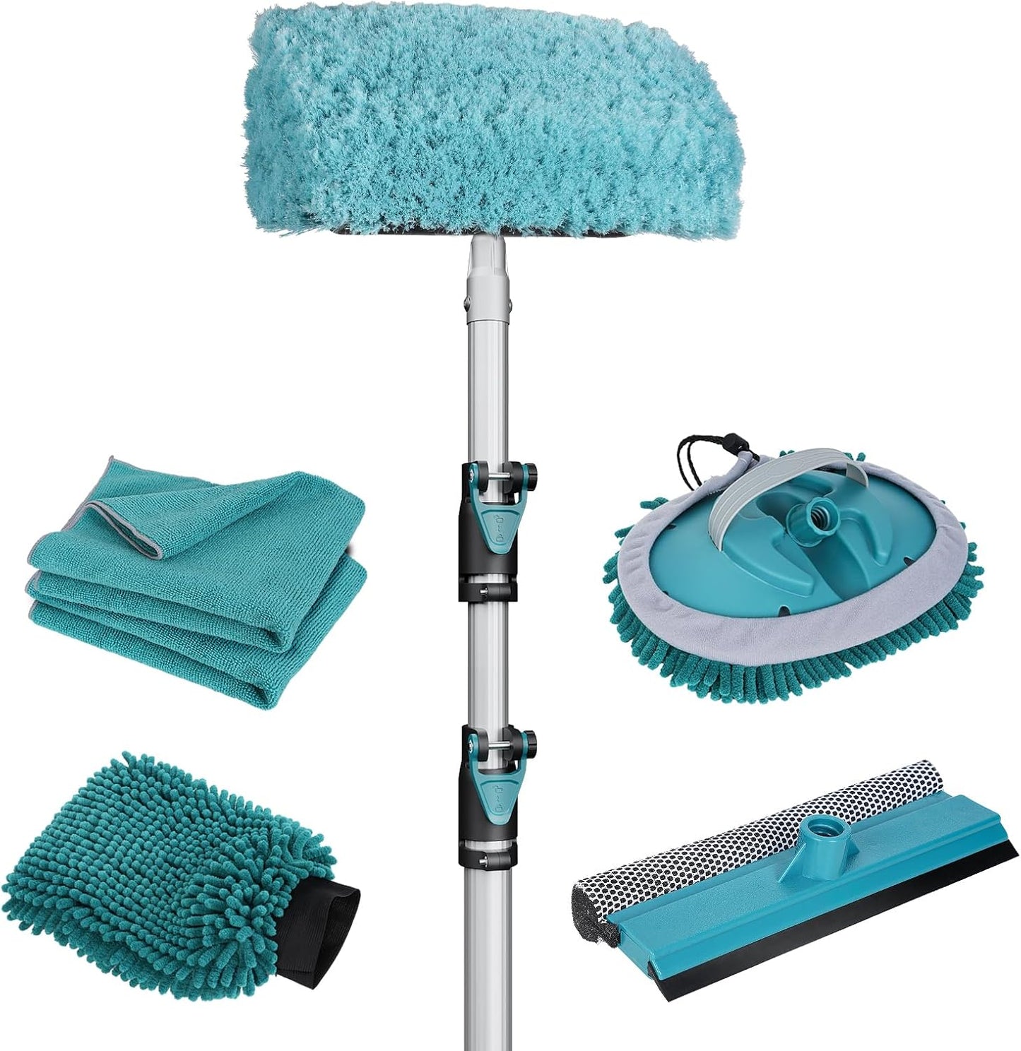 12FT Car Wash Brush with Long Handle, Car Cleaning Kit with Soft Wash Brush, Tire Brush, Window Squeegee, Microfiber Cleaning Head, Mitt, for House Siding, Auto Cars, Trucks, SUV, RV, Floors