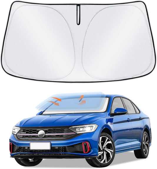 Sun Shade Sunshade for Volkswagen Jetta Windshield Cover, 4-Layer Front Window Shade Custom fit VW Jetta 2019-2024 2025 Sun Visor 240T Retractable Shade Blocks UV Rays Cooler Car Accessories