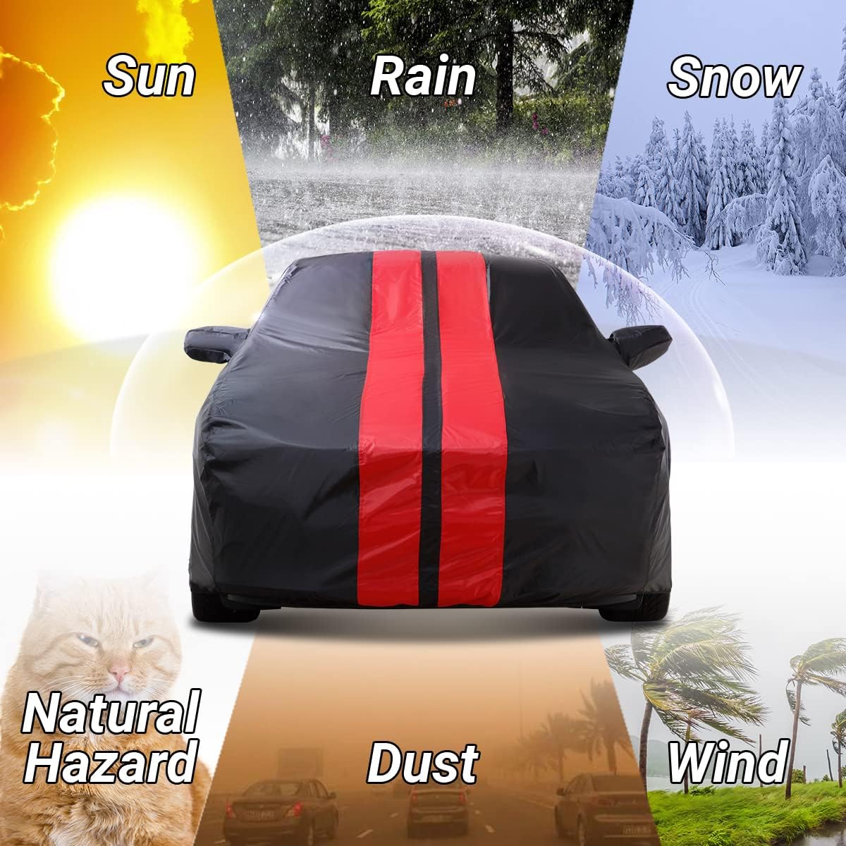 iCarCover Custom Car Cover Compatible with Mustang 2005-2025, Waterproof All Weather Rain Snow UV Sun Protector Full Exterior Indoor Outdoor Car Covers, Stripe (Black/Red)