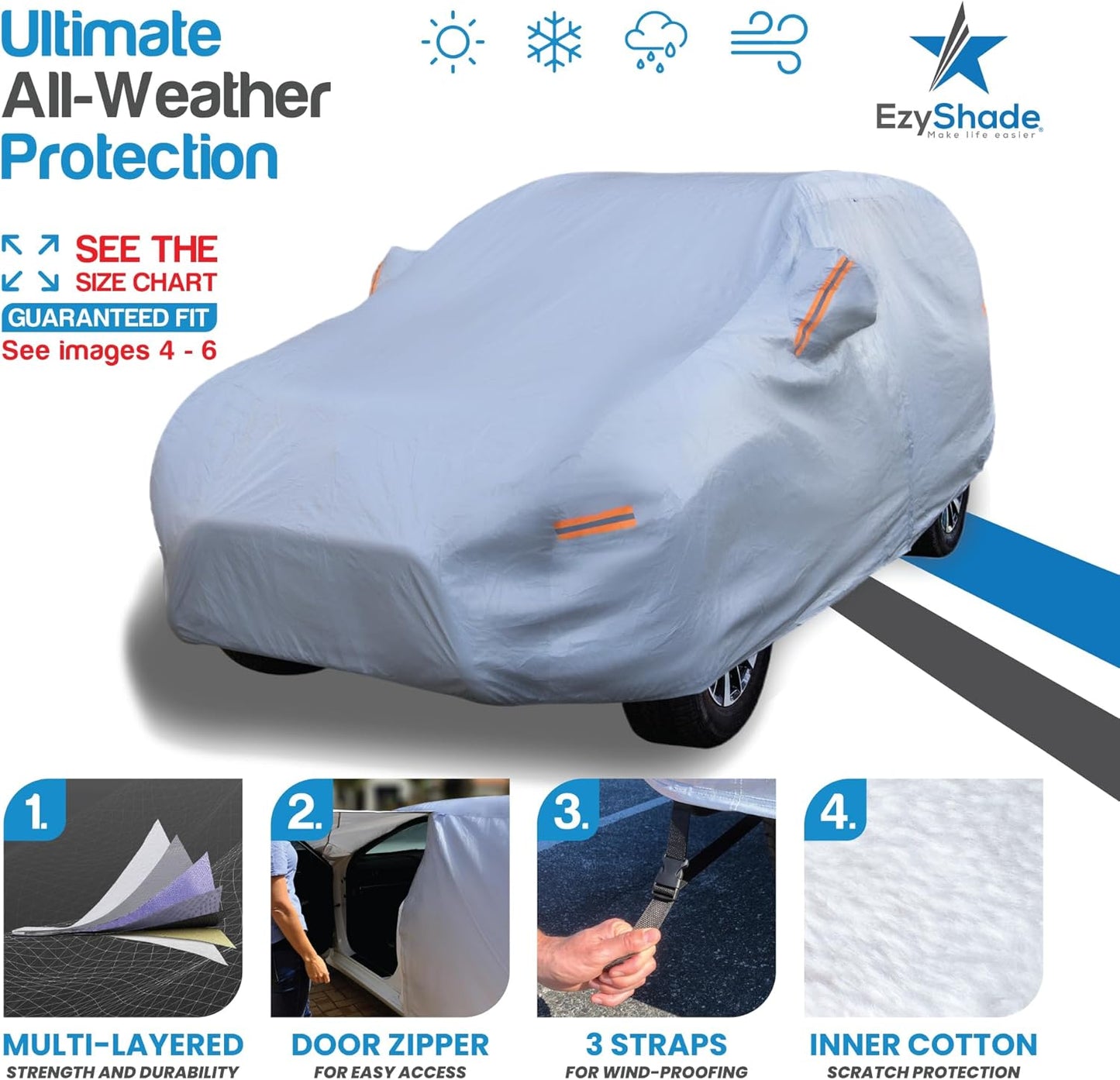 EzyShade 10-Layer SUV Car Cover Waterproof All Weather. See Vehicle Size-Chart for Accurate Fit. Outdoor Full Exterior Covers for Automobiles Heavy Duty Tarp Jeep Rav4 CRV. Size S4 (See SizeChart)