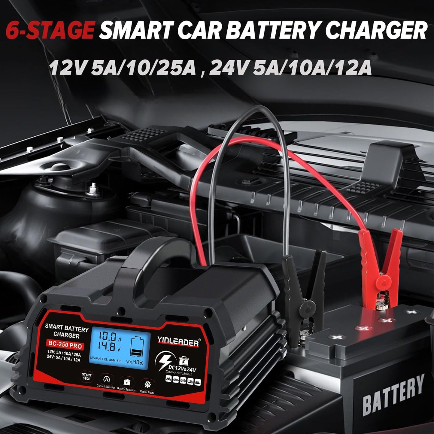 Battery Charger 25A, 12V/24V Lead Acid Smart Battery Charger, 12V LiFePO4 Car Battery Trickle Charger, Automatic Battery Maintainer for Car Motorcycle Lawn Mower Marine Boat Lead Acid Batteries
