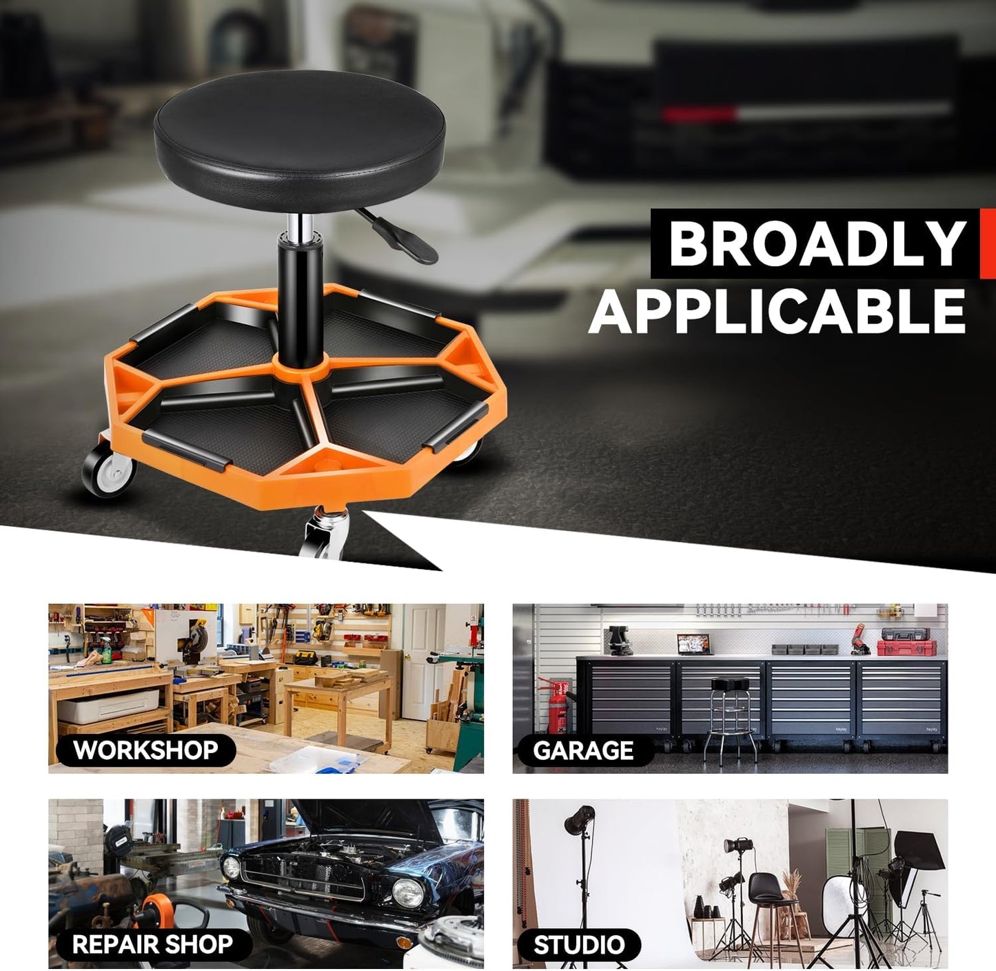 Auto Dynasty Mechanic Stool, Adjustable Rolling Pneumatic Creeper Garage Shop Seat with Tool Tray, 300 LBS Roller Seat for Workshop Auto Repair, Adjustable Height 15.7" to 21", Orange