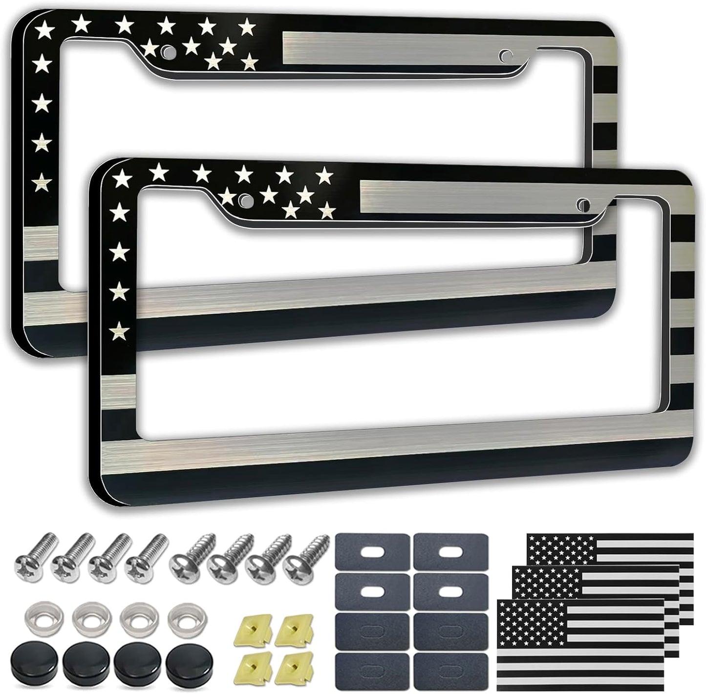American Flag License Plate Frame- Black Front Rear Patriotic USA ‌Car Tag Frames, 2 Pack 2 Hole Heavy Duty Brushed Aluminum Plastic Composite Holder with Screws Caps