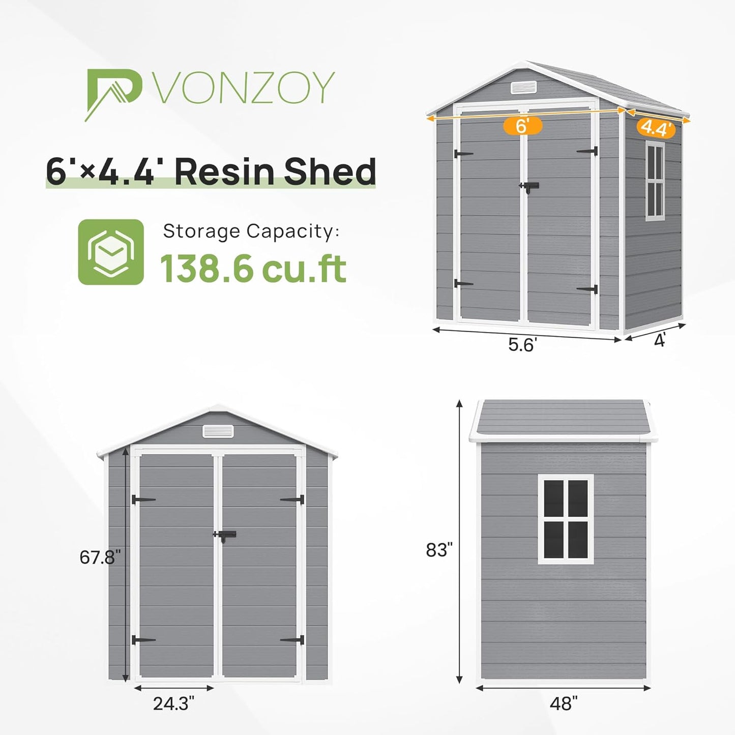 Outdoor Storage Sheds with Floor, 6x4.5 FT Resin Garden Shed with Lockable Door, Window, Waterproof, Plastic Tool Storage for Bike, Garbage Can, Grey White