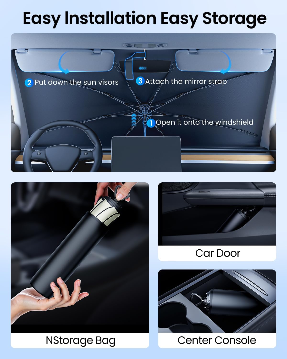 REEVAA 2025 Upgraded Car Windshield Sun Shade Umbrella [100% Sun Protection & Keep Cool] Protect Interior, 360° Flex Handle Sun Shield Sunshade, Large (61 * 33.5 in) for Large Truck