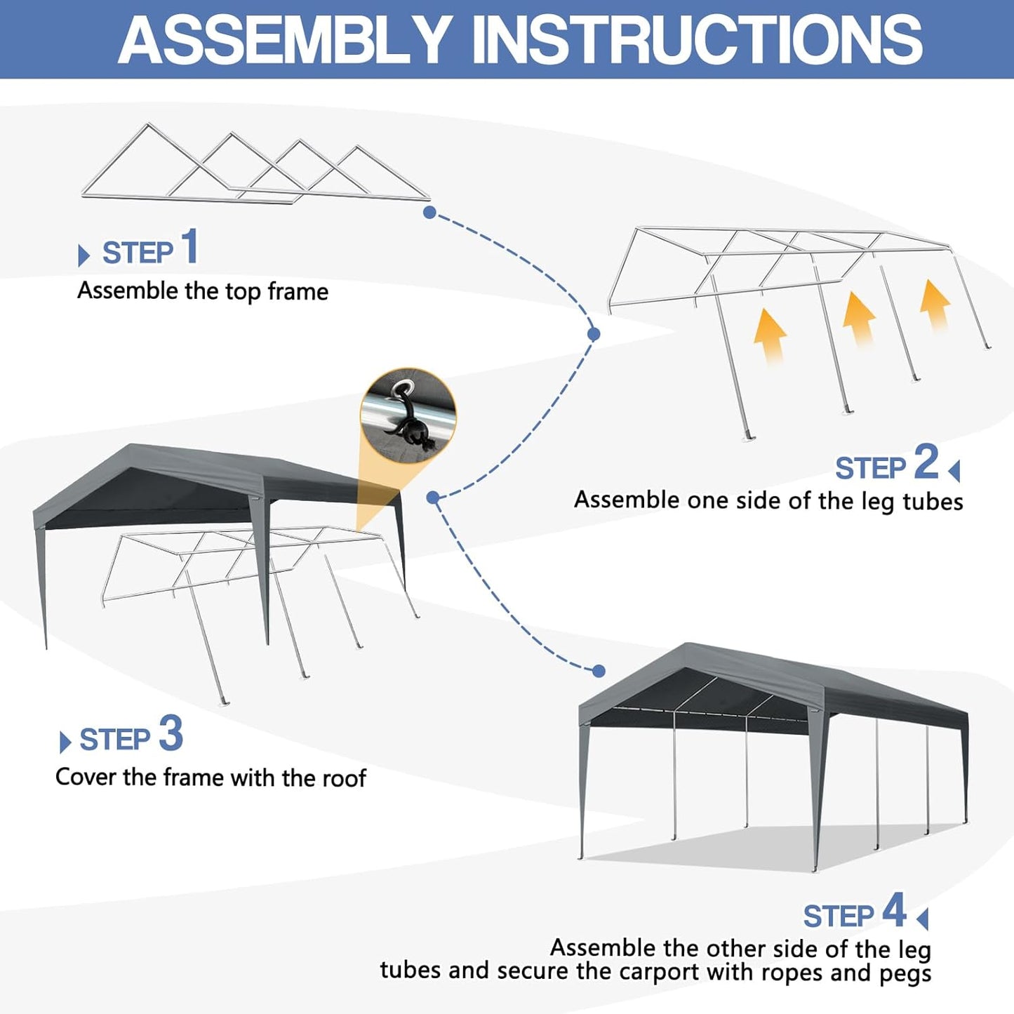 VINGLI 12x20 Carport Canopy Portable Garage, Car Canopy Heavy Duty Car Tent for SUV, Boats, RVs, Trucks Party Tent Boat Shelter(Without Sidewalls)