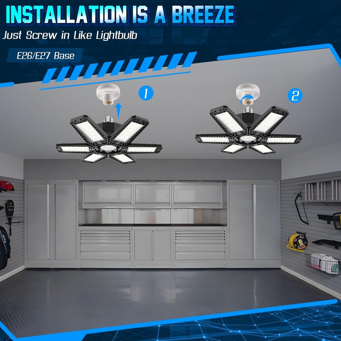 ISKYDRAW Garage Lights Bulb - 6 Pack 200W Garage Lights Ceiling LED 20000LM 6500K Led Shop Light with 6 Deformable Panels, Screw in E26 E27 Socket Basement Lighting for Workshop Barn Attic