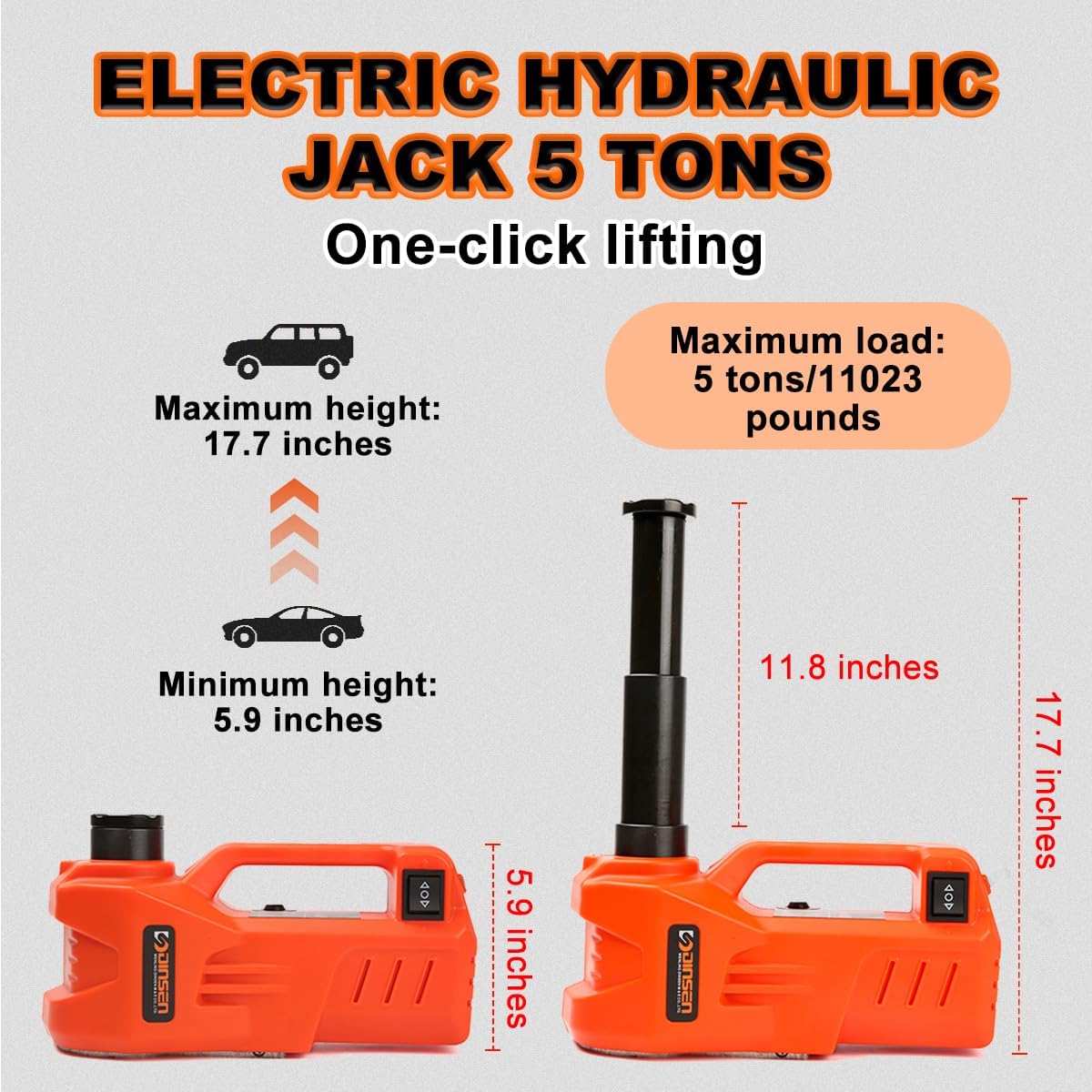 Electric Car Jack, Hydraulic Car Jack, 5 Ton/11023 LBS Electric Car Jack, (Lifting Range: 6.1~17.7 inch) DC12V, with Plastic Packaging Box, for SUV MPV Sedan Truck Change Tires Garage Repair