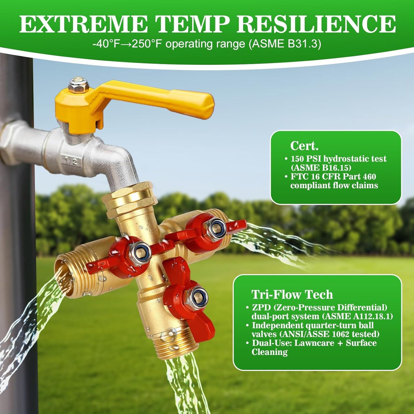 3 Way Hose Splitter, Solid Brass High Volume 3 Way Hose Splitter Valve with Metal Handle, Heavy Duty High Flow Spigot Splitter with Shut off Valve, 3/4 Inch Garden Tap Splitter